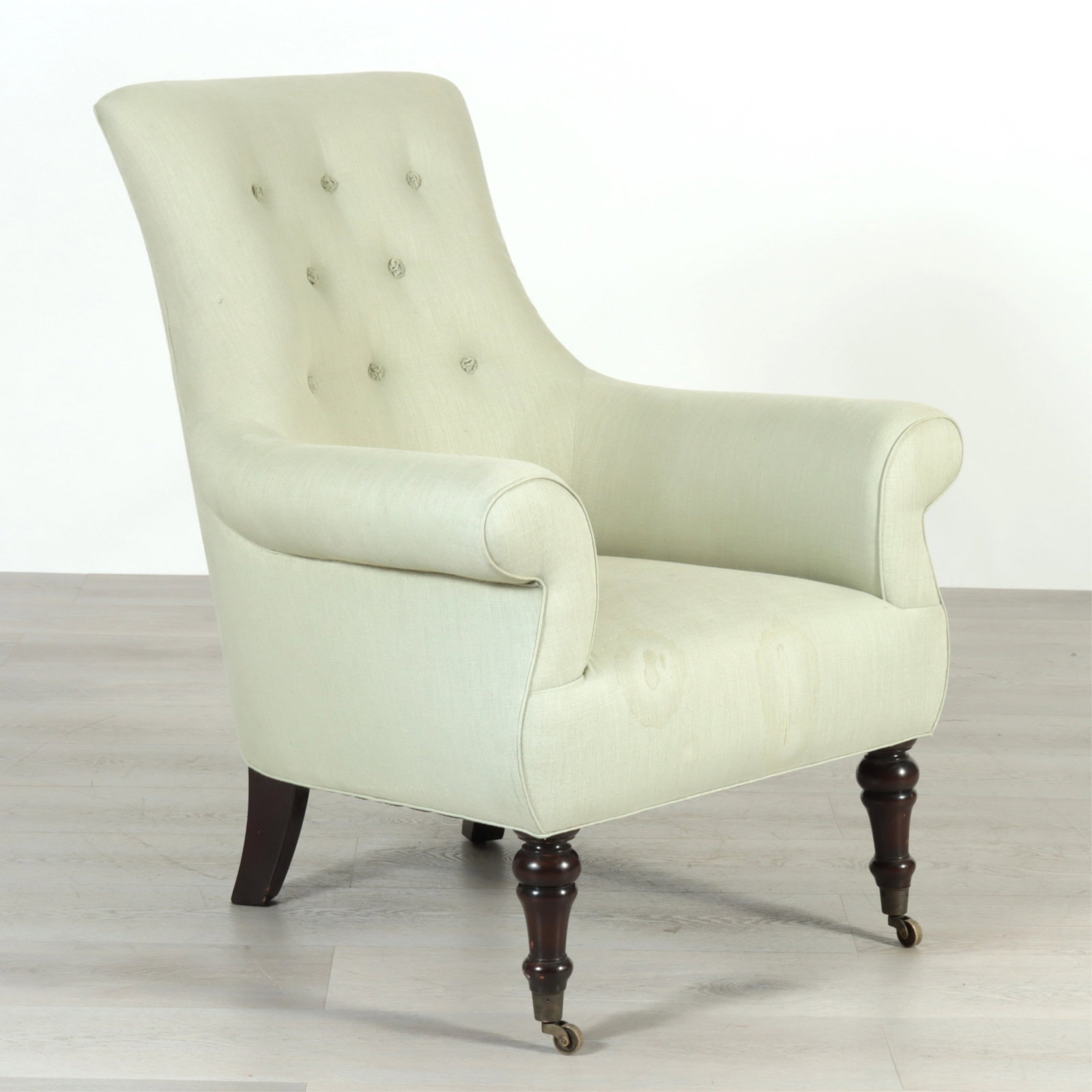 William IV Style Mahogany Club Chair: William IV Style club chair with dark stained mahogany frame and mint green linen upholstery. 38" H x 30" W x36" D