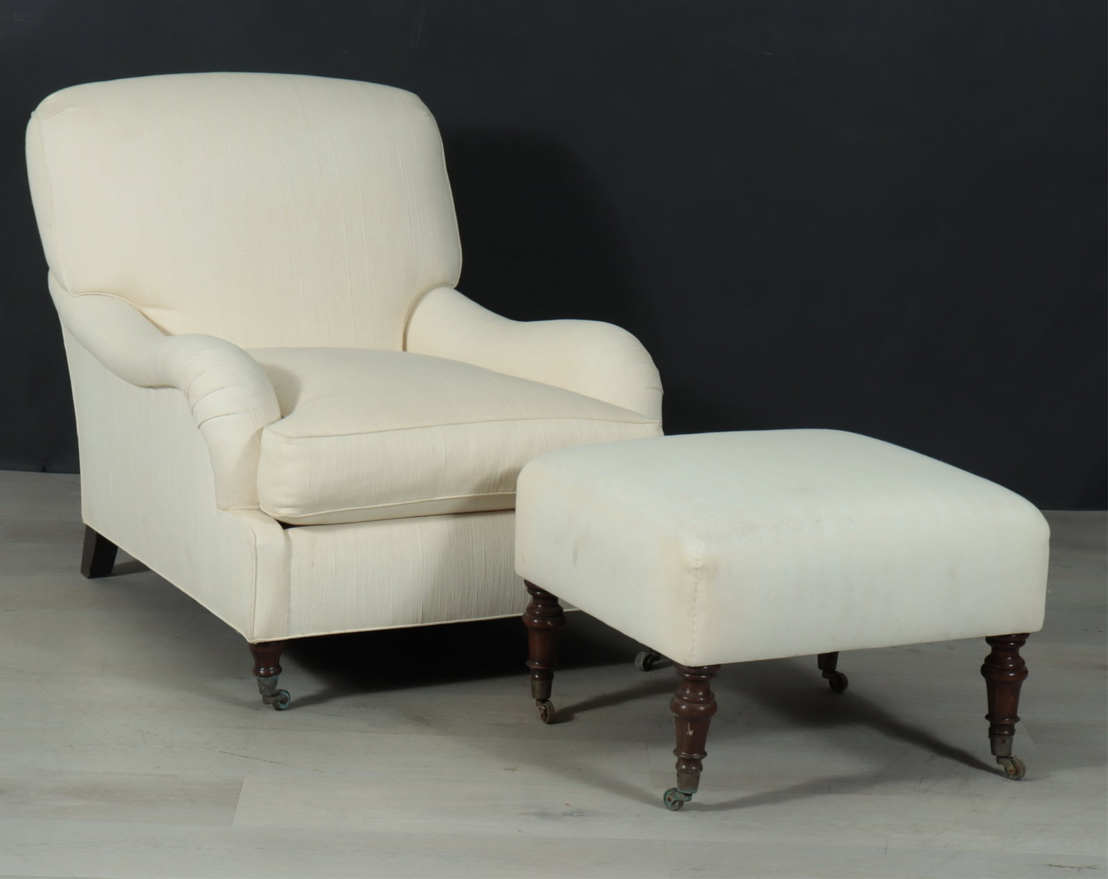 George Smith Style Club Chair and Ottoman: George Smith style club chair & ottoman, upholstered in white linen and muslin. 35" H x 34" W x 45" D