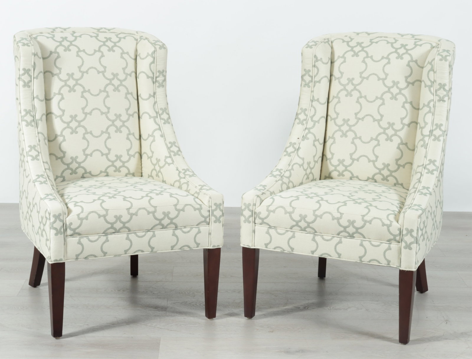 Pair Calico Corners Custom Hall Chairs: A pair of custom hall chairs by Calico Corners, upholstered in celadon and ivory damask. 40" H x 26" W x 30" D