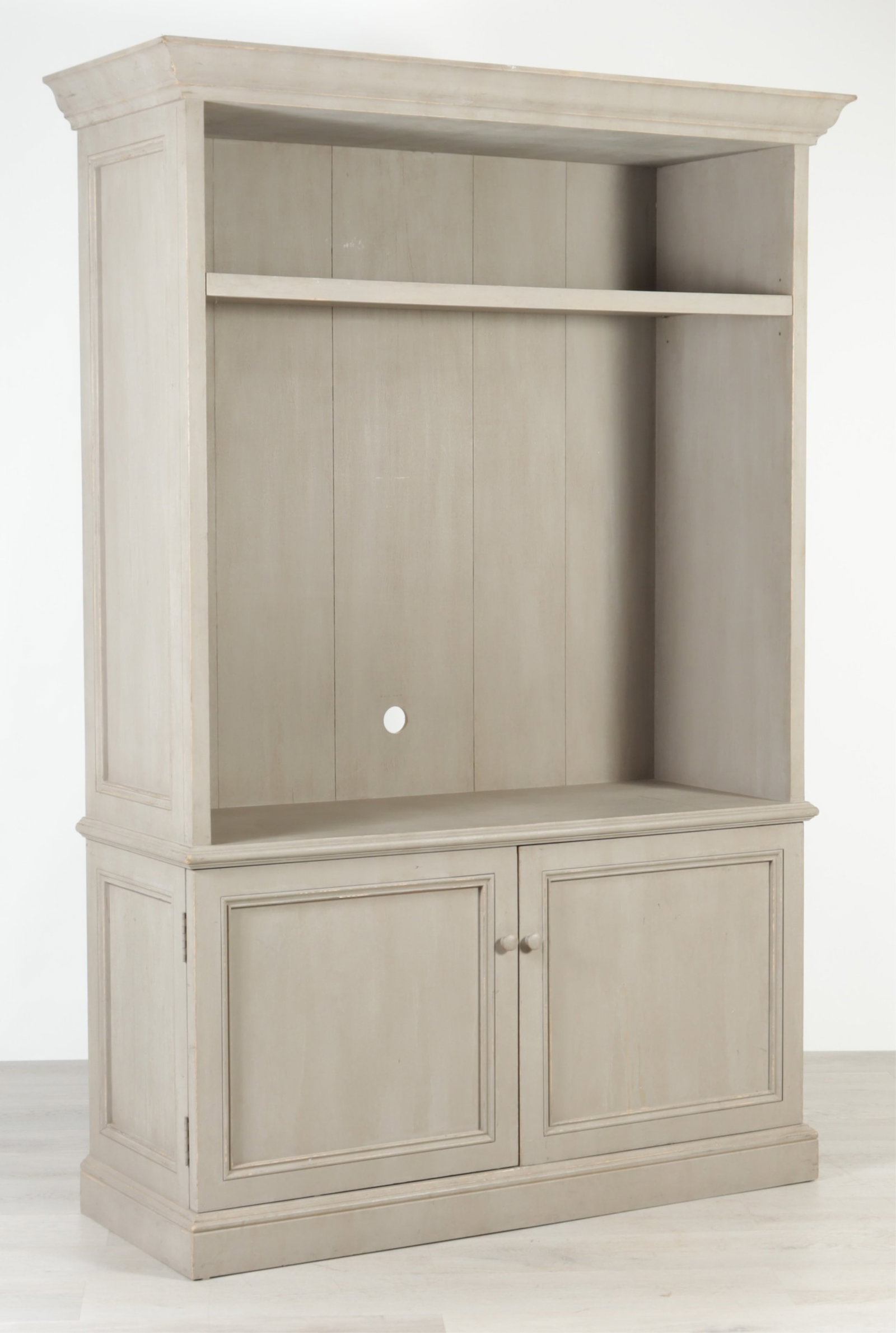 Swedish Classical Style Grey Painted Bookcase: Swedish Classical Style Grey Painted Bookcase. Top portion with single shelf, over double door enclosed cabinet. 84" H x 57.25" W x 22.25" D