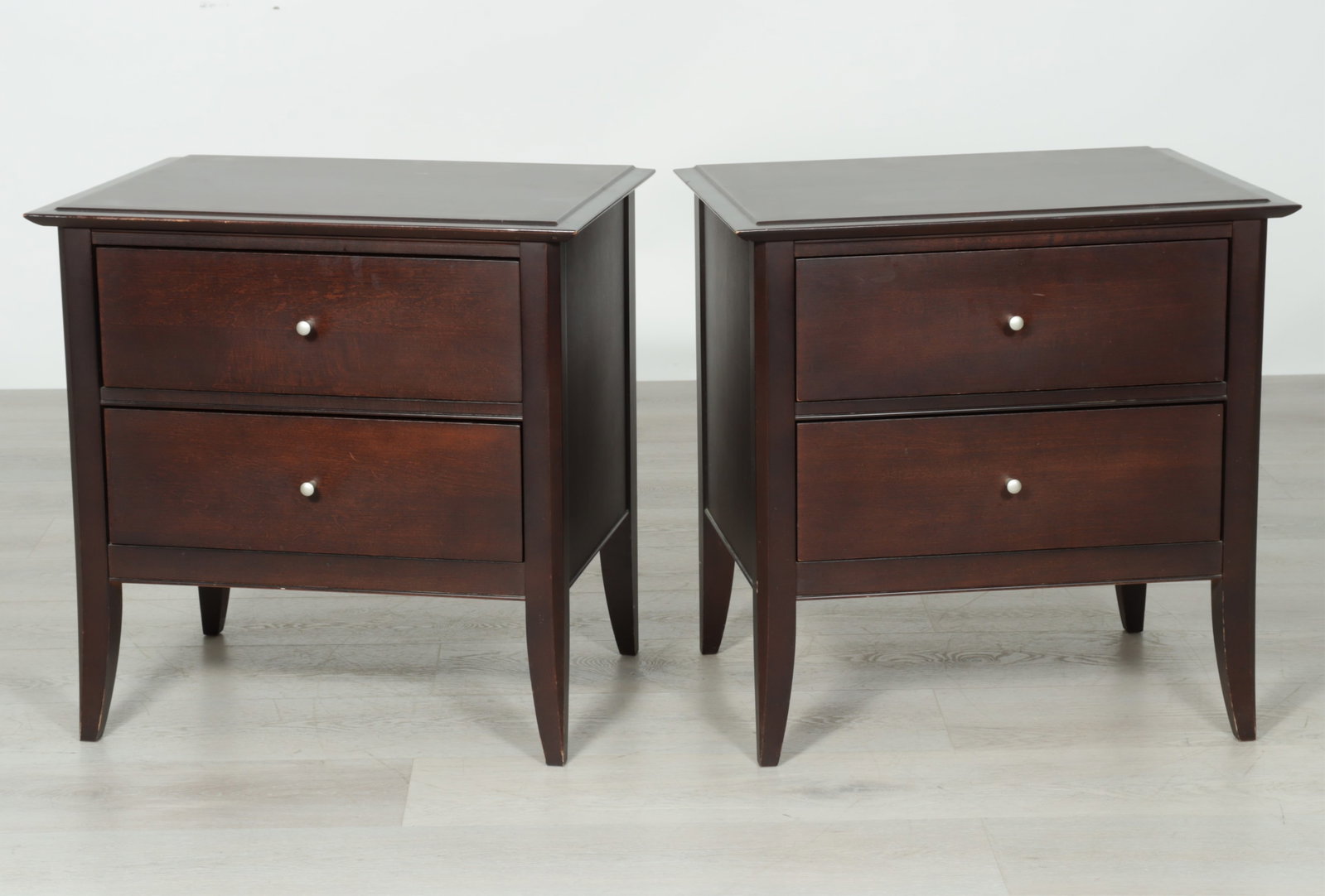 Pair Baronet Wooden Night Tables: Pair of contemporary style Baronet night tables with glass tops, two drawers, interior marked, made in Canada 24 H x 24 W x 18 D