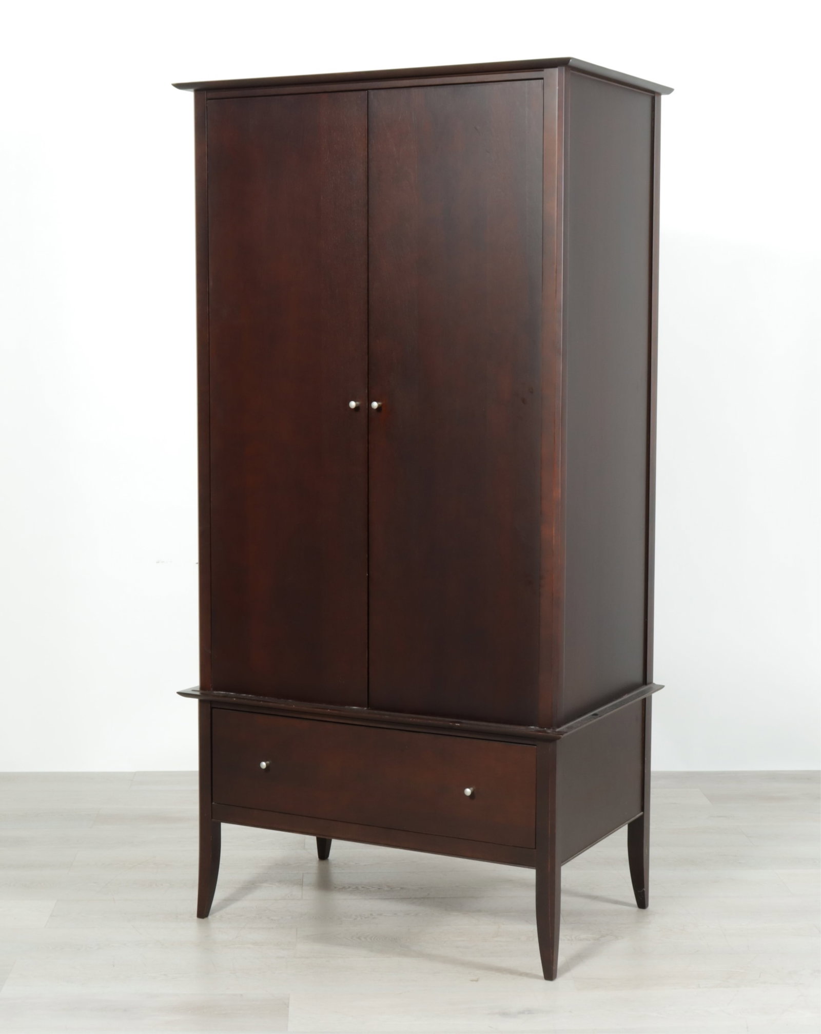 Baronet Modern Wooden Storage Armoire: Contemporary style Baronet wood storage armoire, interior fitted with hanging rack and shelves, interior marked, made in Canada 76 H x 38.5 W x 24.5 D