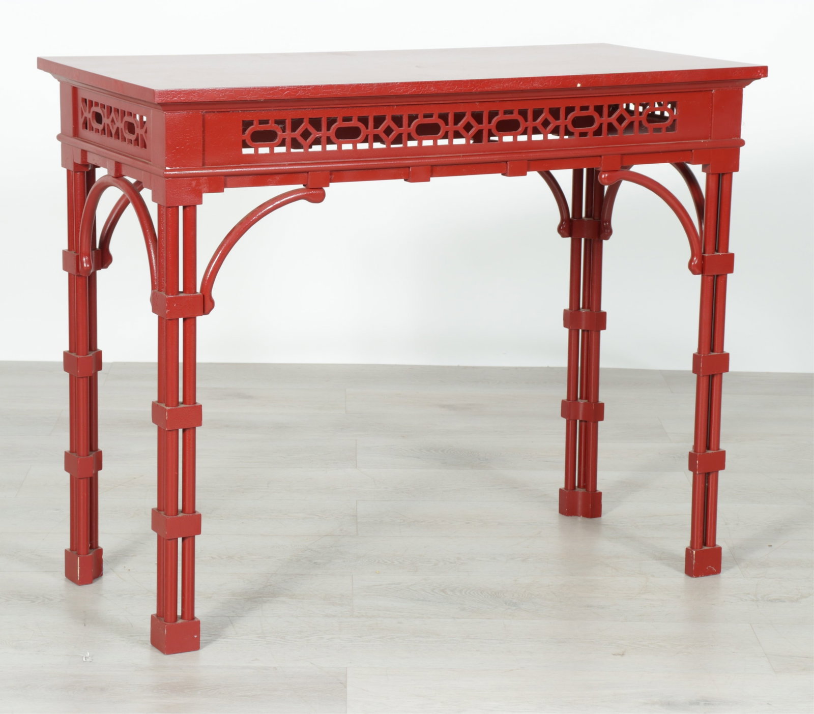 Chinese Chippendale Style Console Table: Chinese Chippendale style red painted console table, apron with fretwork 32 H x 39.5 W x 18.5 D