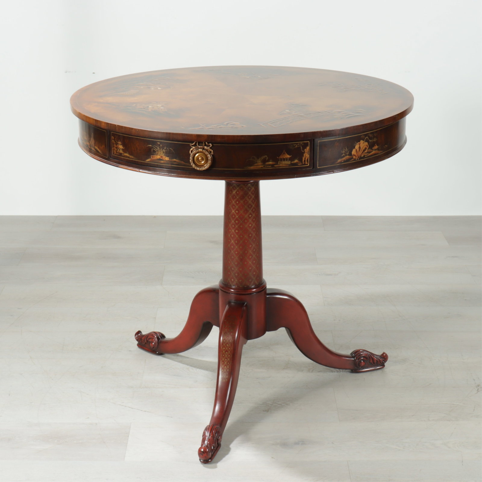 Theodore Alexander Chinoiserie Drum Table: Theodore Alexander Chinoiserie Decorated Mahogany Drum Table 36.25" H x 38" Dia.
