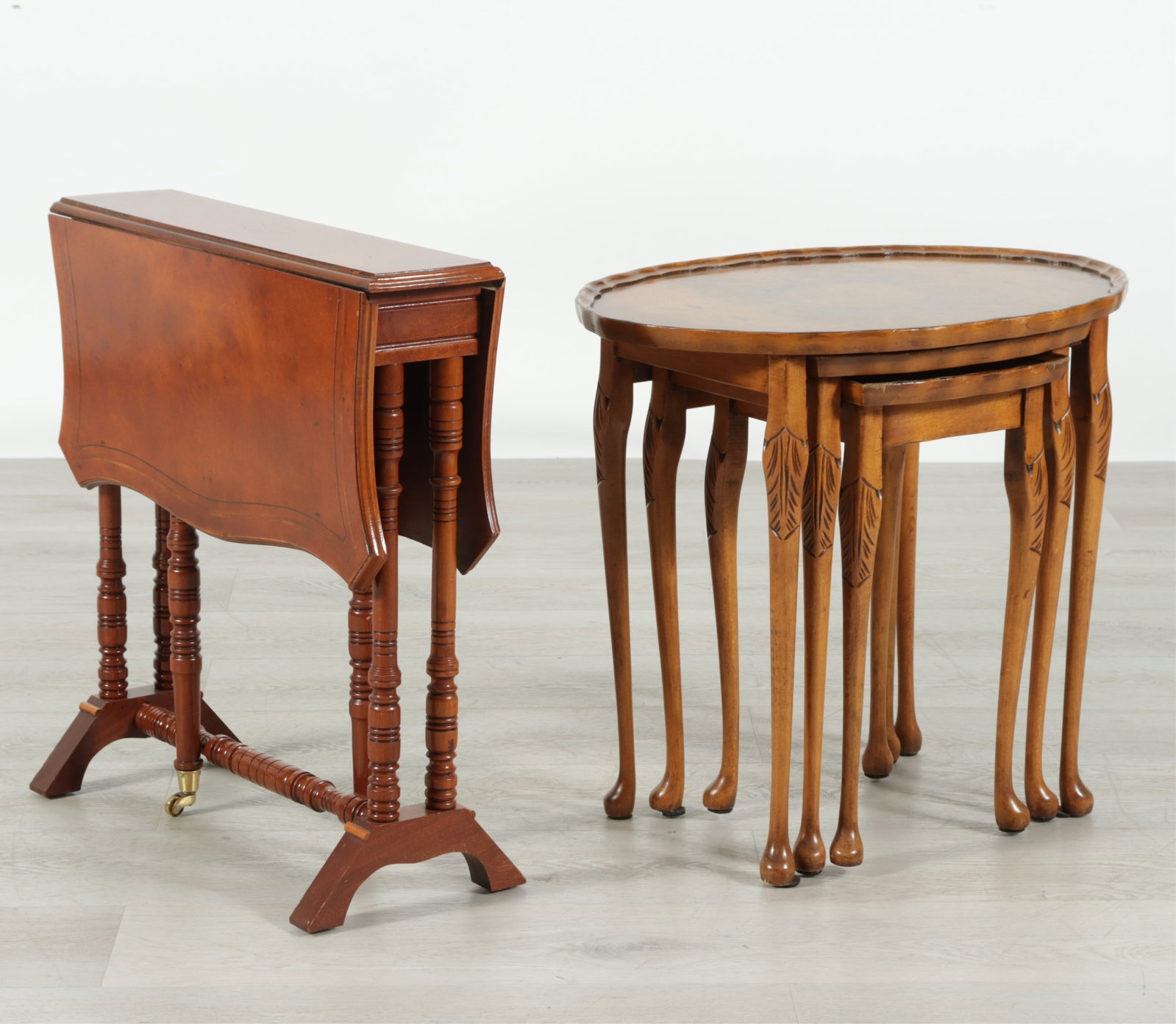 Drop-Leaf Table & Nesting Tables: Sunderland walnut drop-leaf table together with Reprodux nesting tables. Sunderland table 24" H x 24" W x 6" D