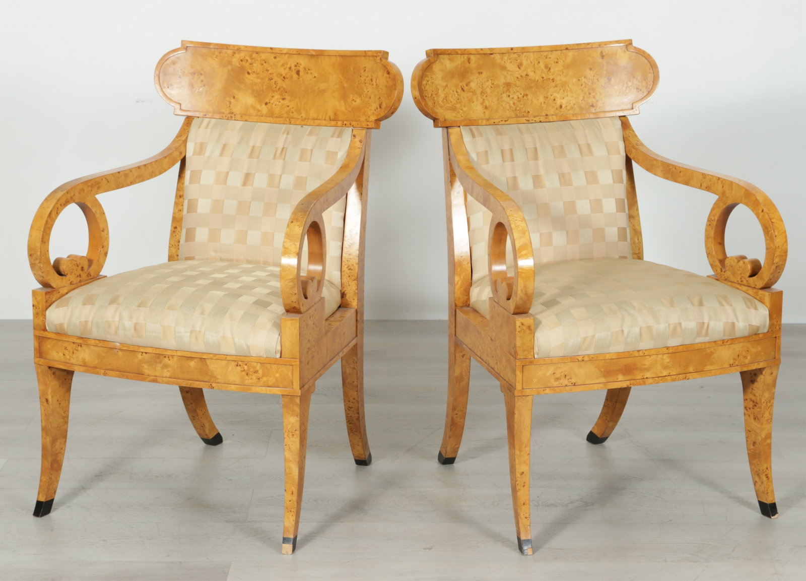 Pair Baker Karelian Birch Armchairs: Pair Baker classical style Karelian birch armchairs upholstered in dusty rose damask. 38" H x 24.5" W x 26" D
