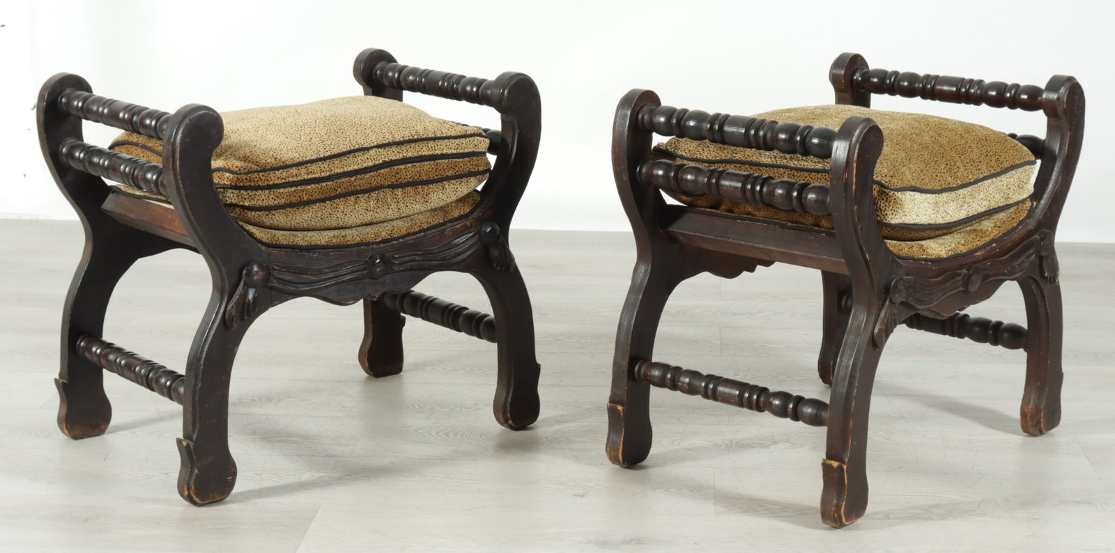 Pair Classical Style Curule Benches: Pair of classical style ebony stained walnut Curule form benches, with spotted gold velvet upholstery. 24.5" H x 27.5" W x 18" D