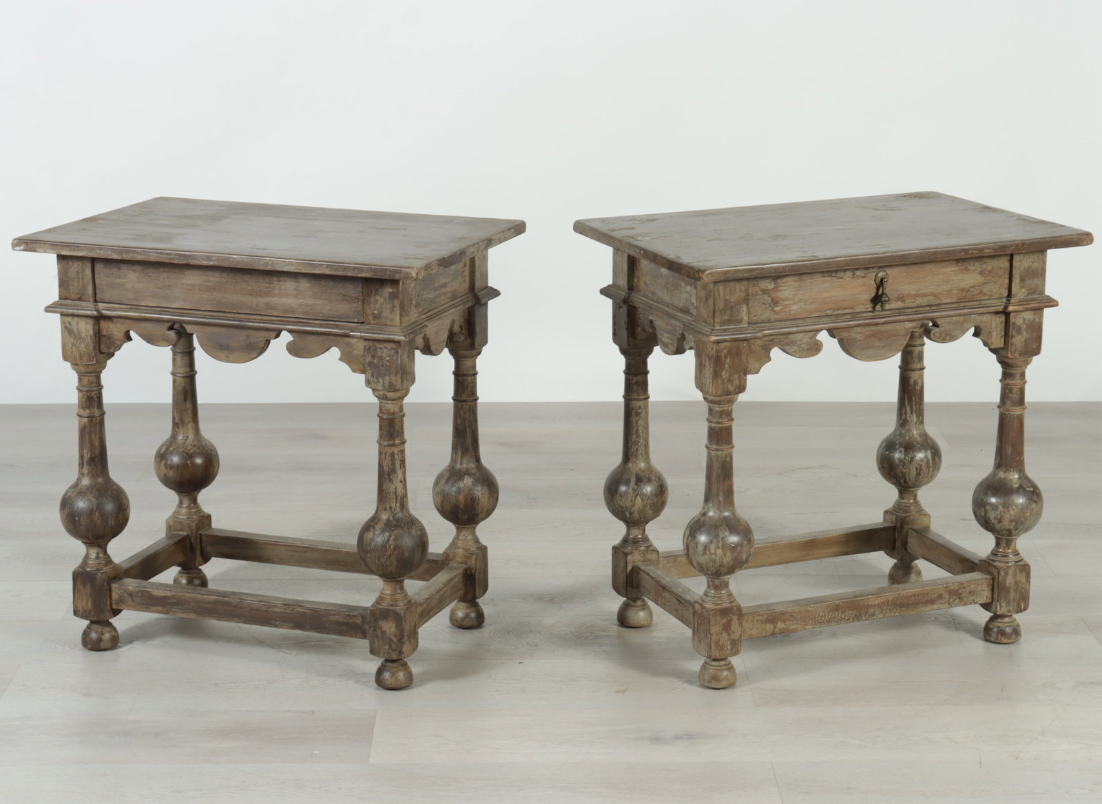 Pair Baroque Style Side Tables: Pair of Baroque style grey stained pine side tables with single frieze drawers. 28" H x 28" W x 19" D