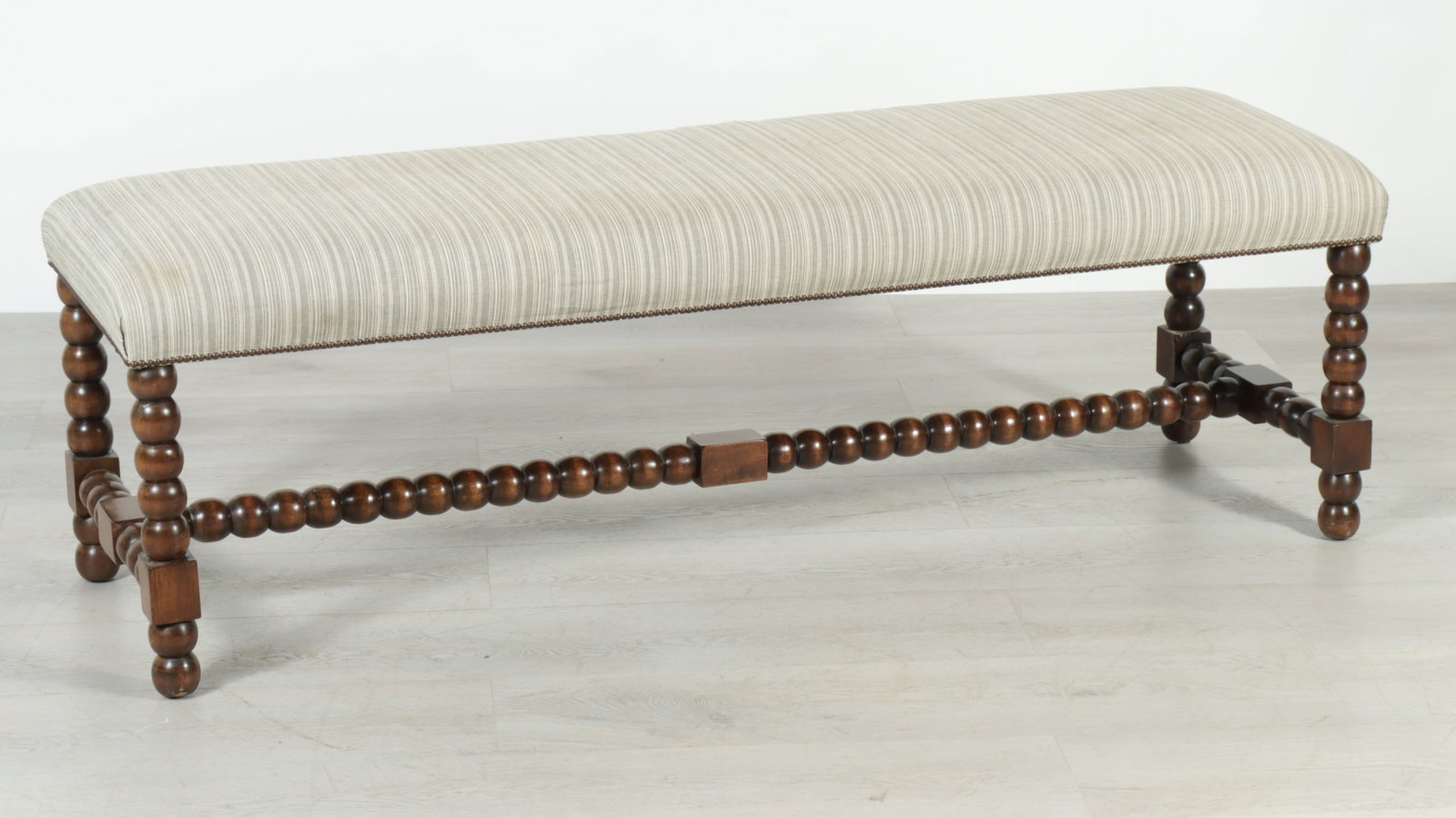 English Mahogany Bobbin Turned Bench: English Mahogany Bobbin Turned Bench Upholstered green striped fabric. 21" H x 60" W x 18" D