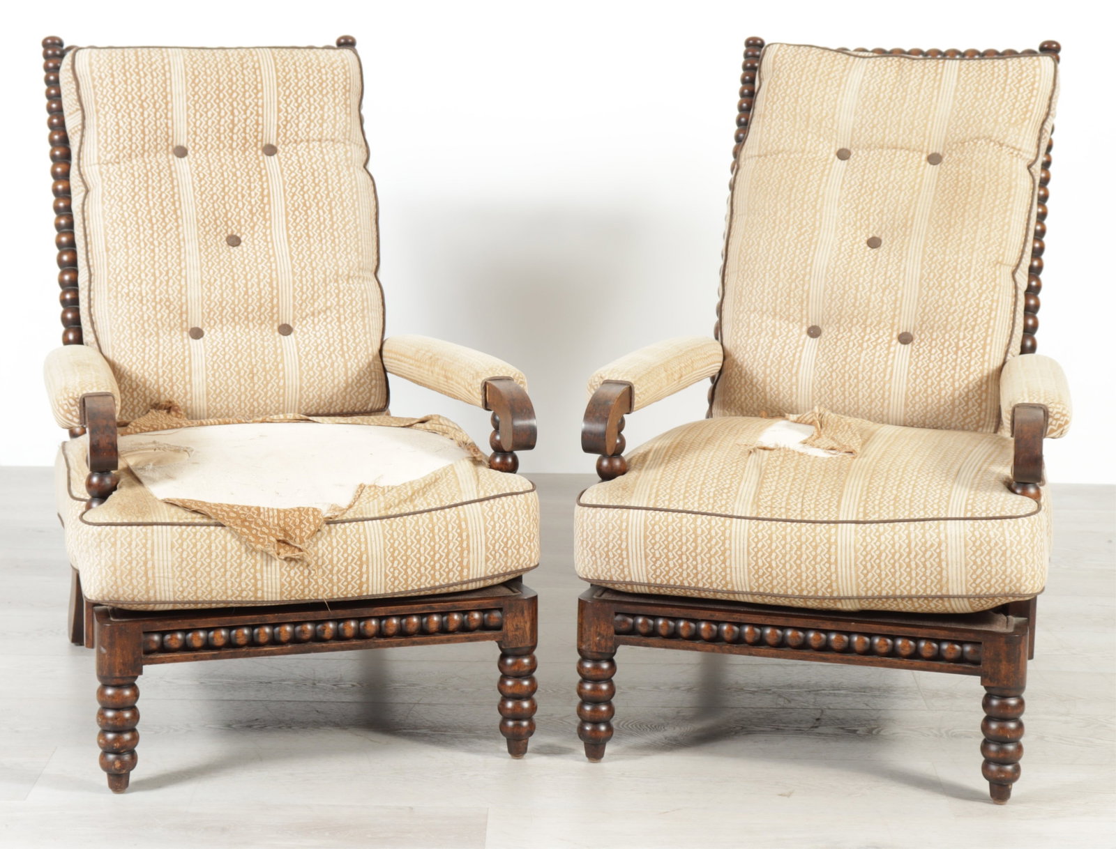 Pair Victorian Style Bobbin Turned Armchairs: Pair Victorian Style Bobbin Turned Armchairs, walnut stained, in coffee batik upholstery 37" H x 24" W x 39" D