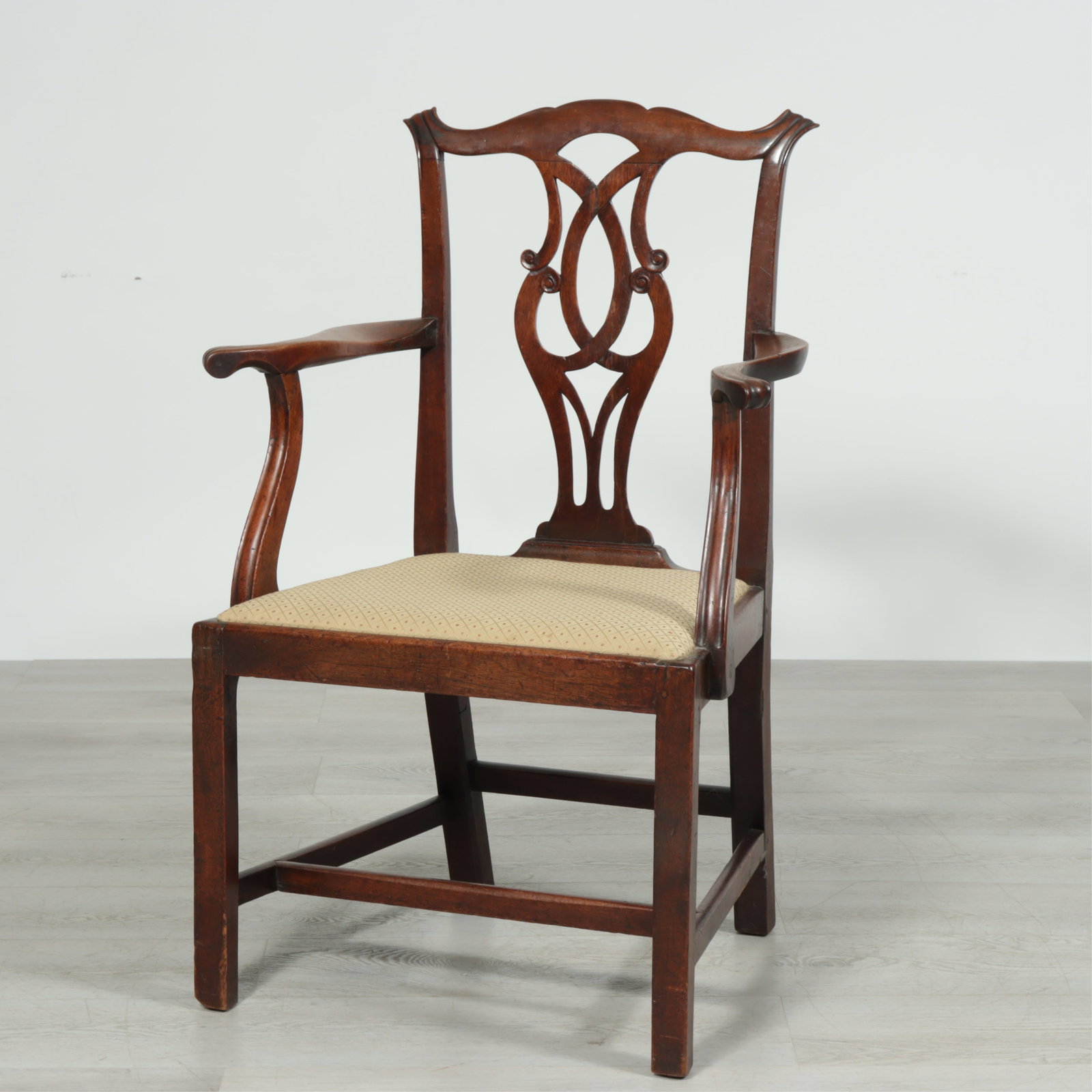 George III Mahogany Open Armchairs: George III Mahogany Open Armchairs upholstered in cafe au lait damask. 39" H x 26.5" W x 20" D