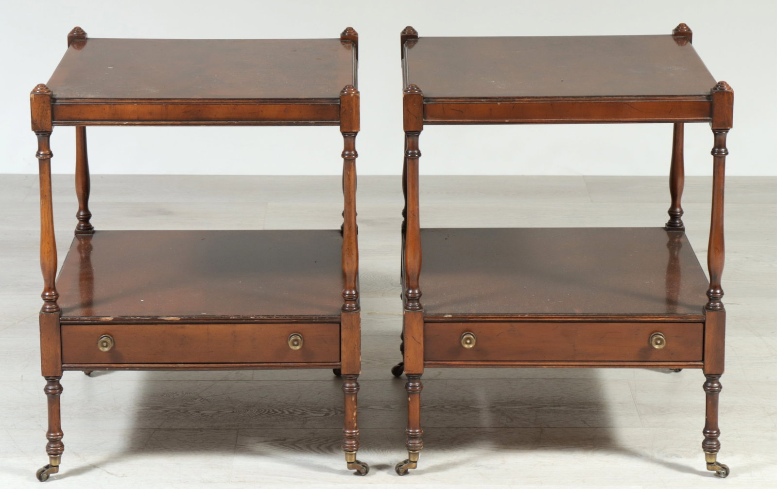Pair George III Style Burl Wood Side Tables: Pair of George III style burl wood veneer side tables, with single drawer. American made, 20th century. 23 H x 18 W x 18 D