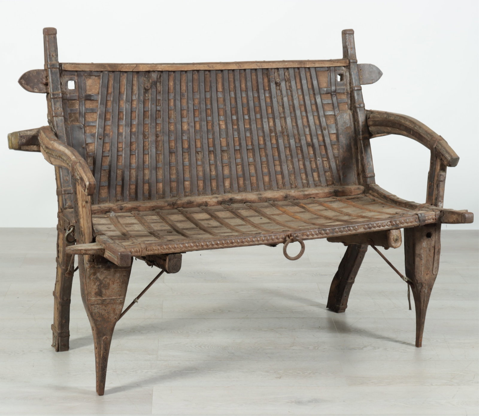 Indian Iron Mounted Teak Ox Cart Bench: Indian Iron Mounted Teak Ox Cart Bench 40.5" H x 52.5" D x 31" D