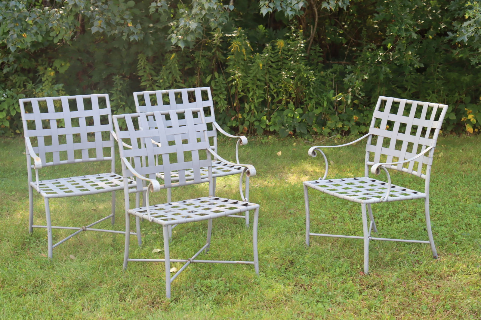 4 Vintage Summer Classics Painted Metal Armchairs: A group of four vintage Summer Classics painted metal armchairs, with scrolled handrests. 34 H x 23 W x 19.5 D