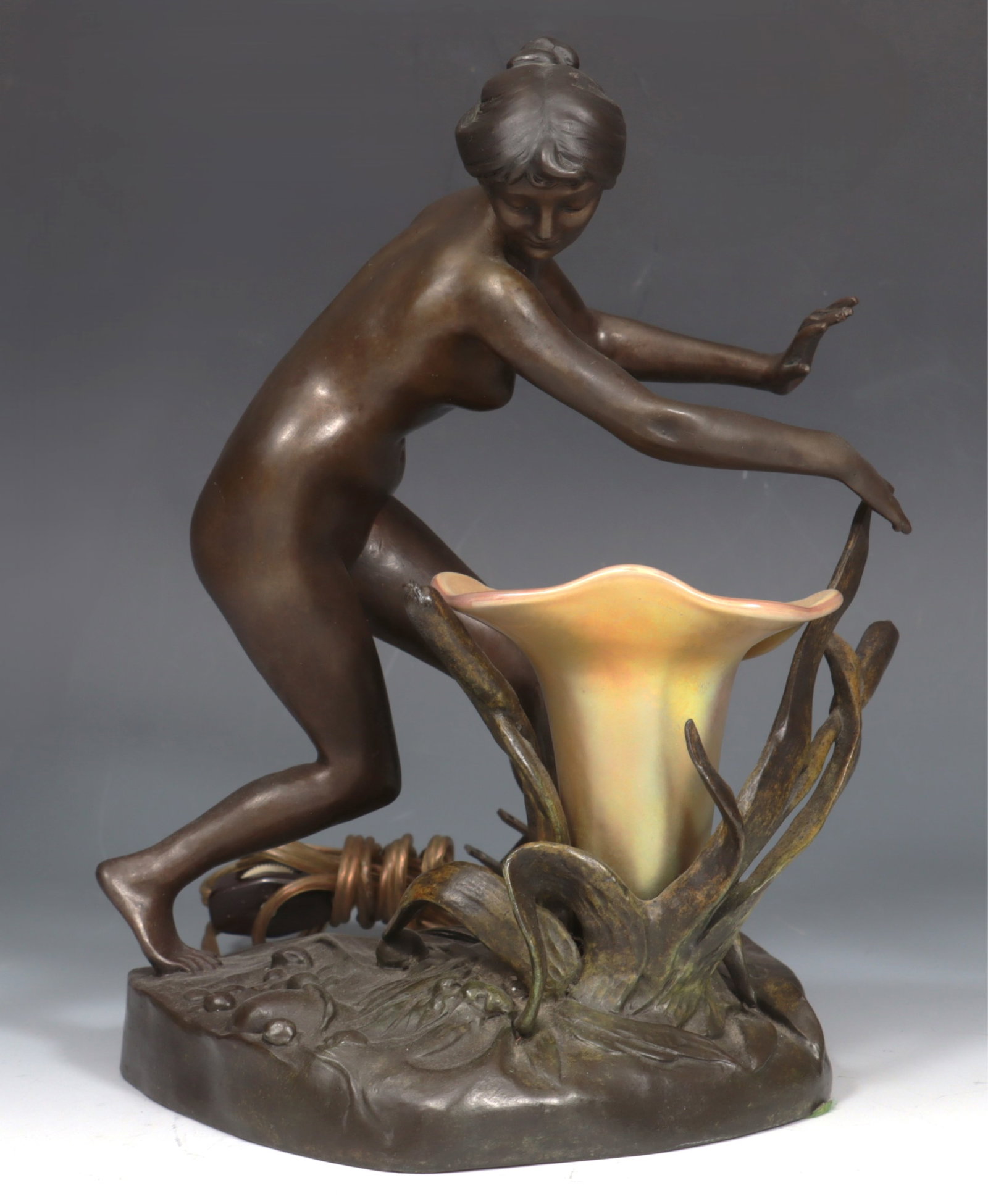 Louis J. Convers - Nymph Boudoir Lamp - Bronze: Louis J Convers, French, 1860-1915, Nymph Figure, boudoir table lamp, bronze with tiffany style glass flower, marked Louis- Convers, bears foundry stamp 10 H x 7 W x 6.25 D