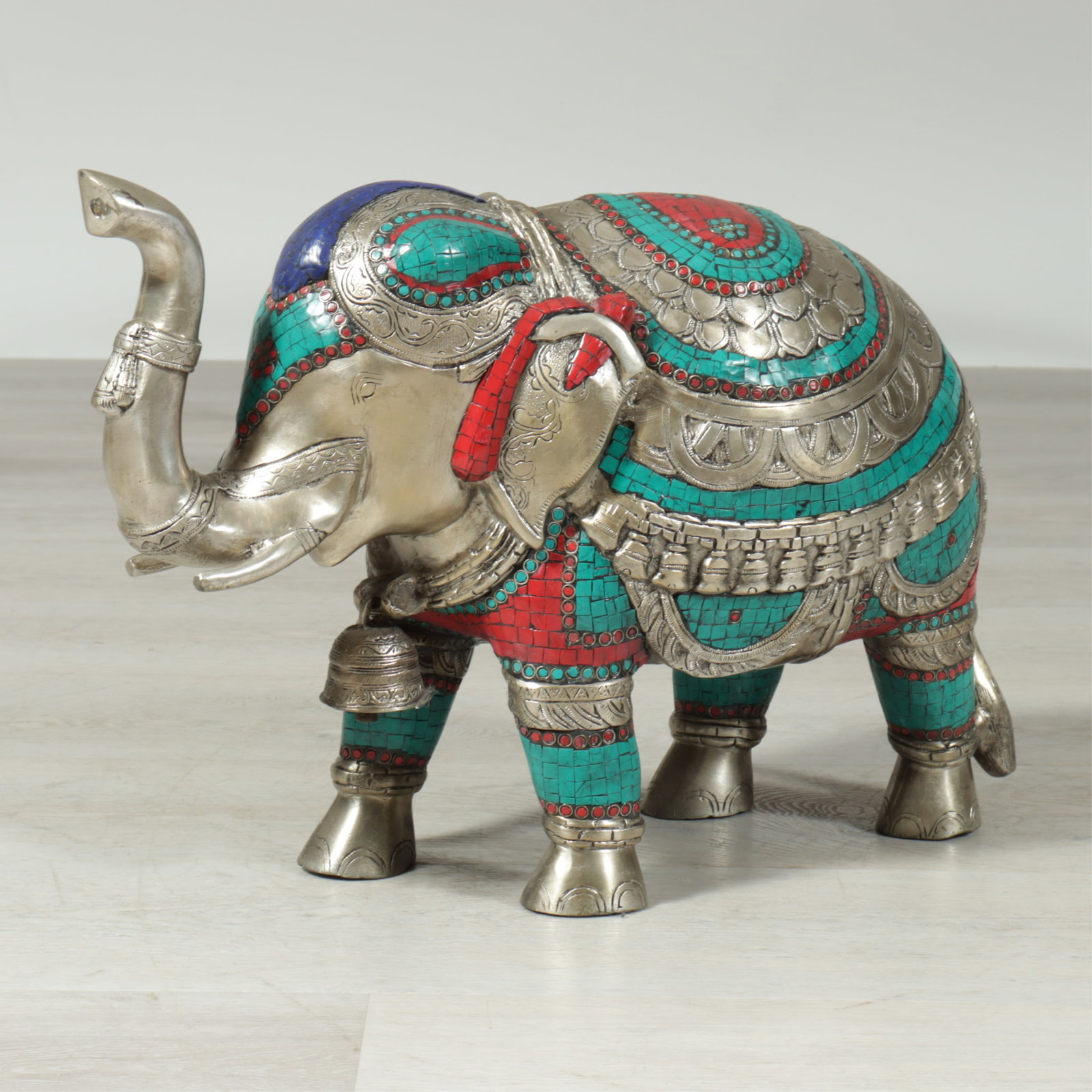 Indian Style Faux Stone & Brass Elephant: Indian Style Faux Stone & Brass Elephant, faux lapis, malachite and coral 21.5" L