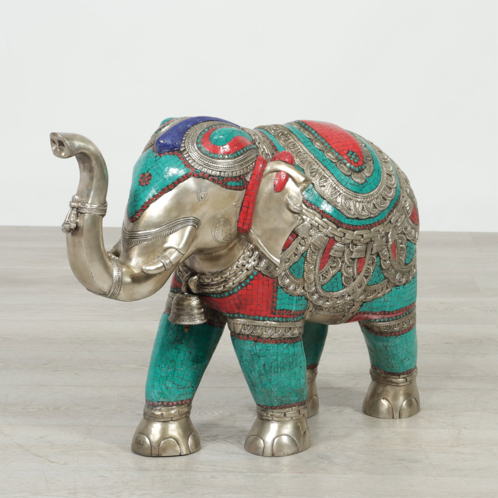 White Brass Faux Tessellated Elephant: White Brass Faux Tessellated Elephant, faux lapis, coral and turquoise 21" H x 27.5" L