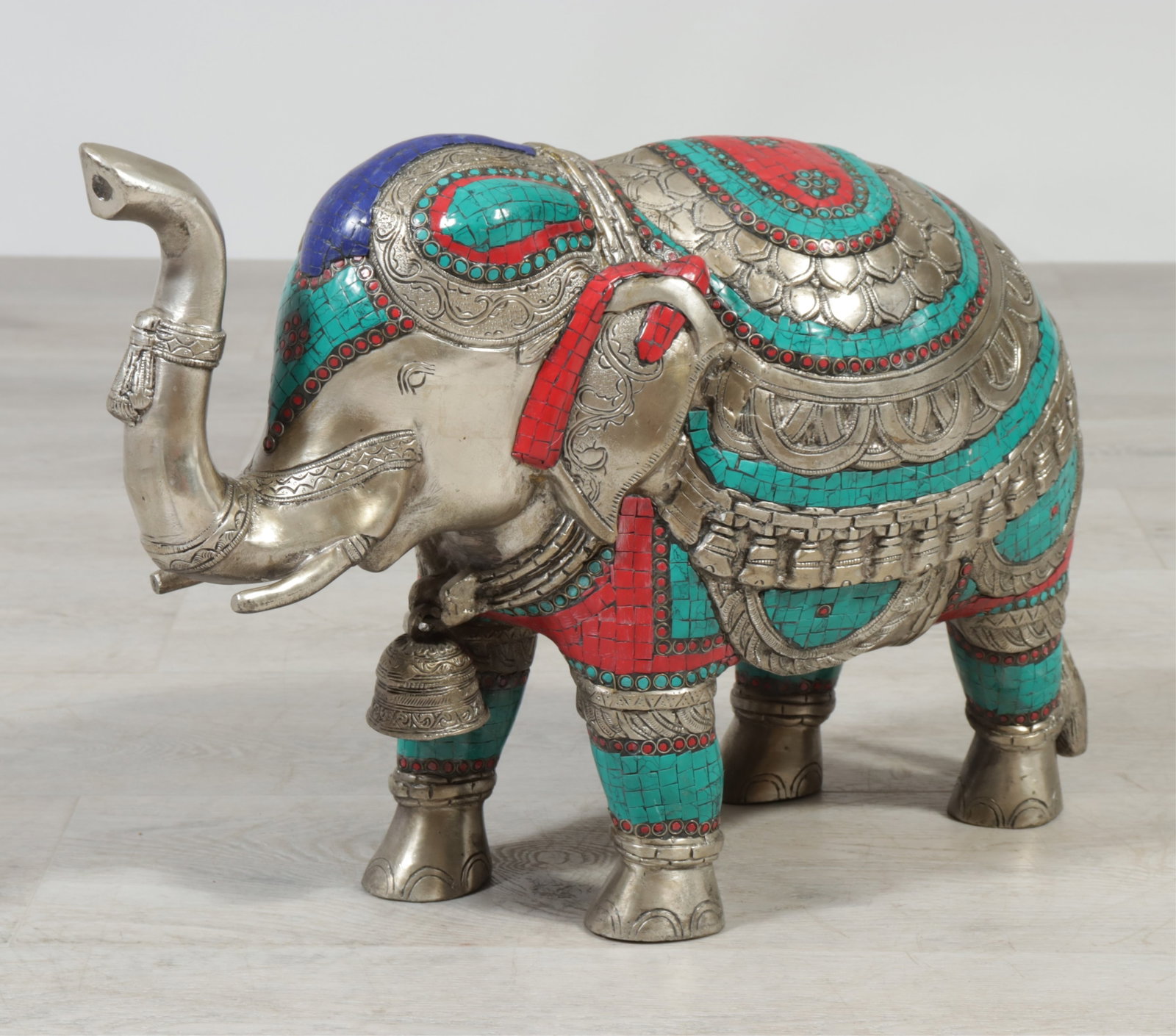 Indian White Brass Tessellated Elephant: Indian White Brass Elephant, decorated with tessellated faux lapis, coral, and malachite. 15" H x 20.5" L