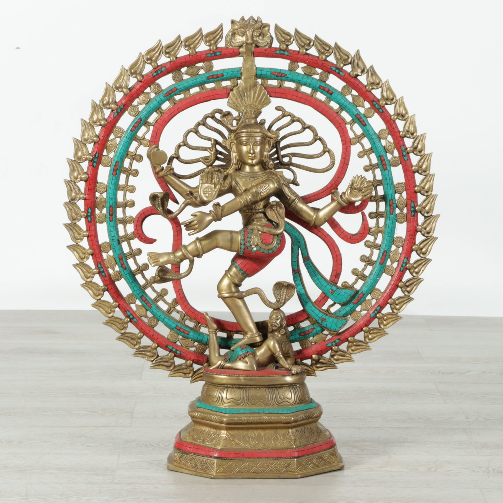 Large Indian Style Faux Stone & Brass Shiva: Large Indian Style Faux Stone & Brass Shiva, faux malachite & coral 30" H