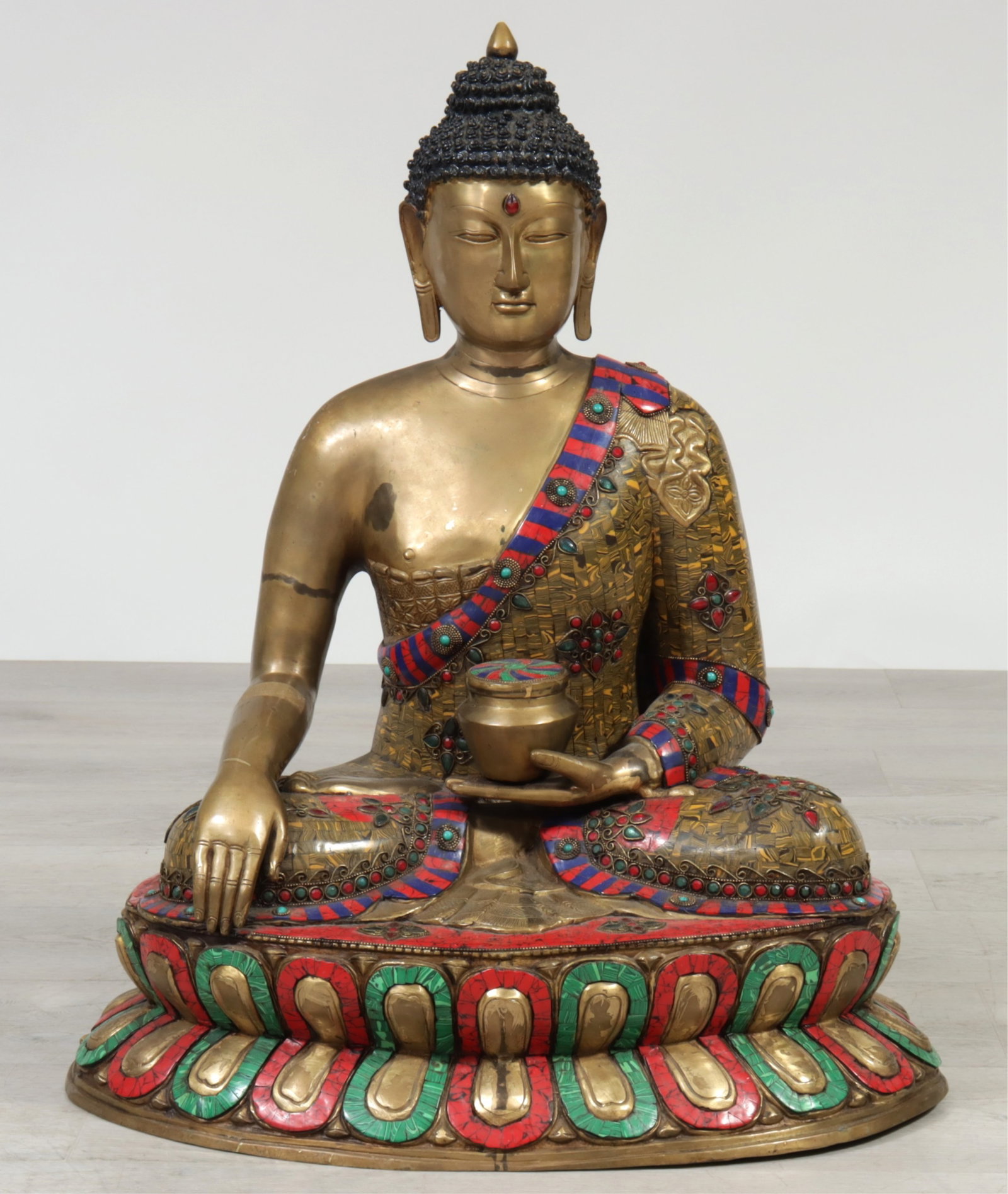 Indian Brass Faux Tessellated Stone Seated Buddha (1 of 7)