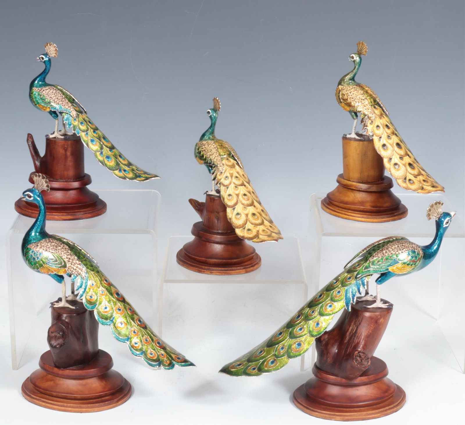 Five Indian Enameled Copper Peacocks - 2