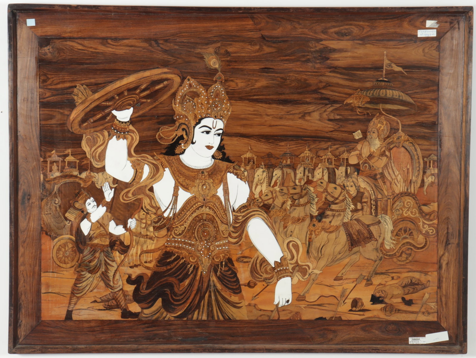 Indian Marquetry Inlaid Teak Panel, Mahabharata: Indian Marquetry Inlaid Teak Panel, depicting scene from Mahabharata 37" H x 49" W