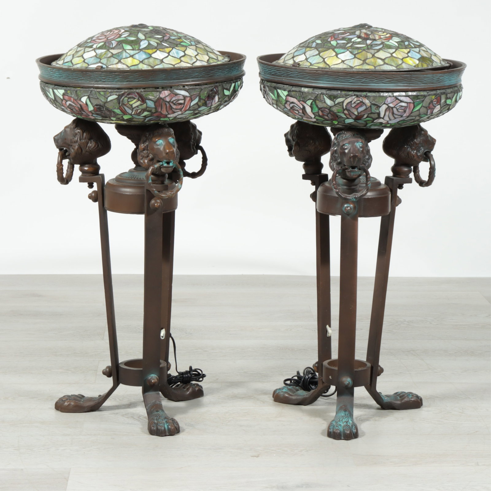 Tiffany Style Slag Glass Lamps: Tiffany Style Slag Glass & Bronze Patinated Metal Lamps, lion's bust 36" H x 19" Dia.
