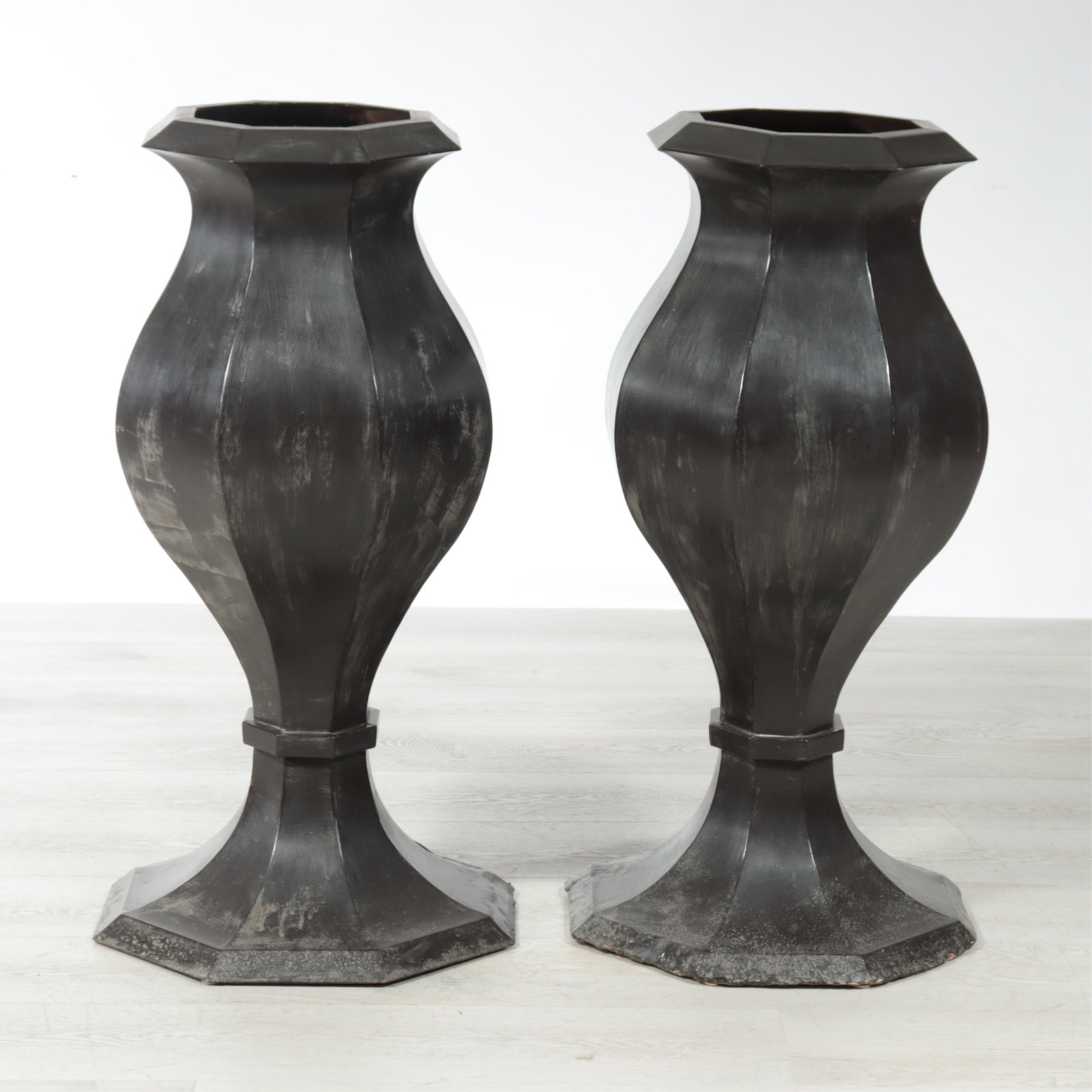 Pair Large Classical Style Tole Urns: Pair Large Classical Style Bronze Patinated Tole Urns 35.5" H x 14" Square at rim