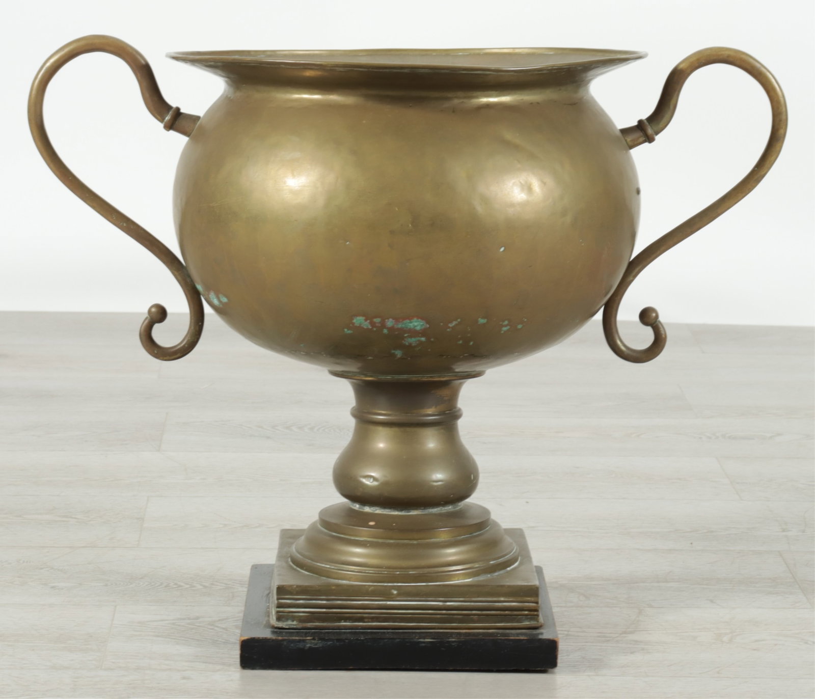 Classical Style Brass Jardiniere: Classical Style Brass Jardiniere, scrolling handles, wooden plinth 21.5" H x 26" W