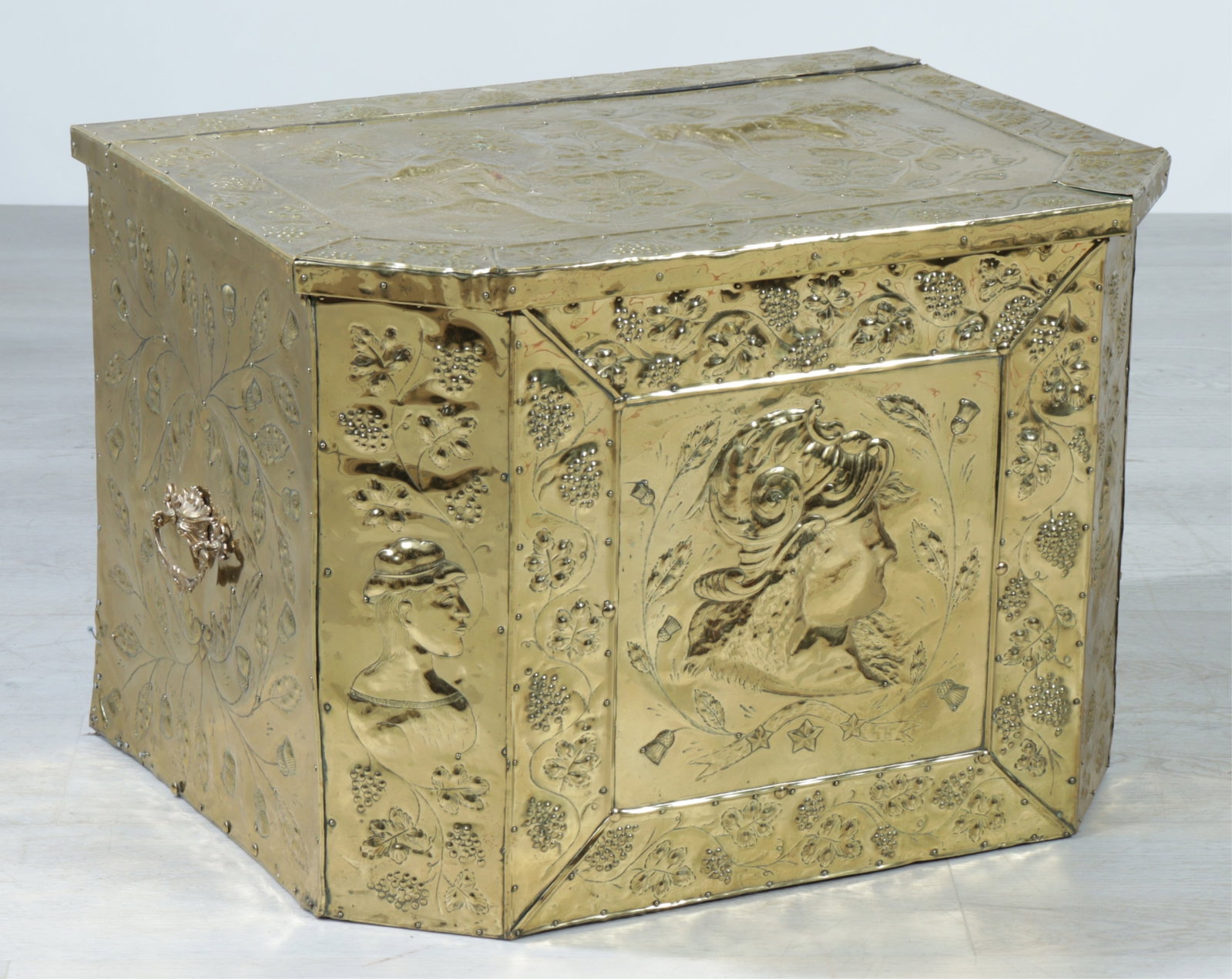 Brass Repousse Firewood Box: Brass repousse clad firewood box 18 H x 25 W x 19 D