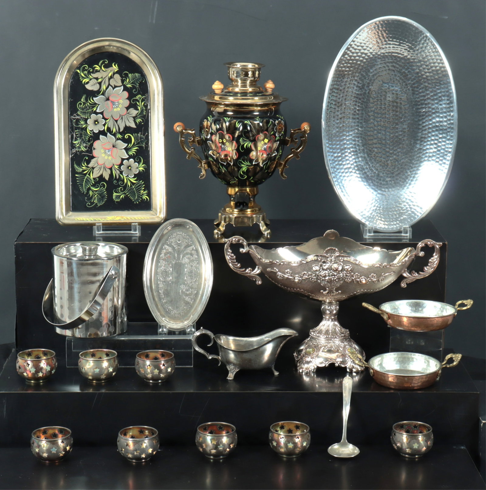 Metal Tableware Group: Metal Tableware Group, samovar, trays, urn, ice bucket Largest 13.5" H