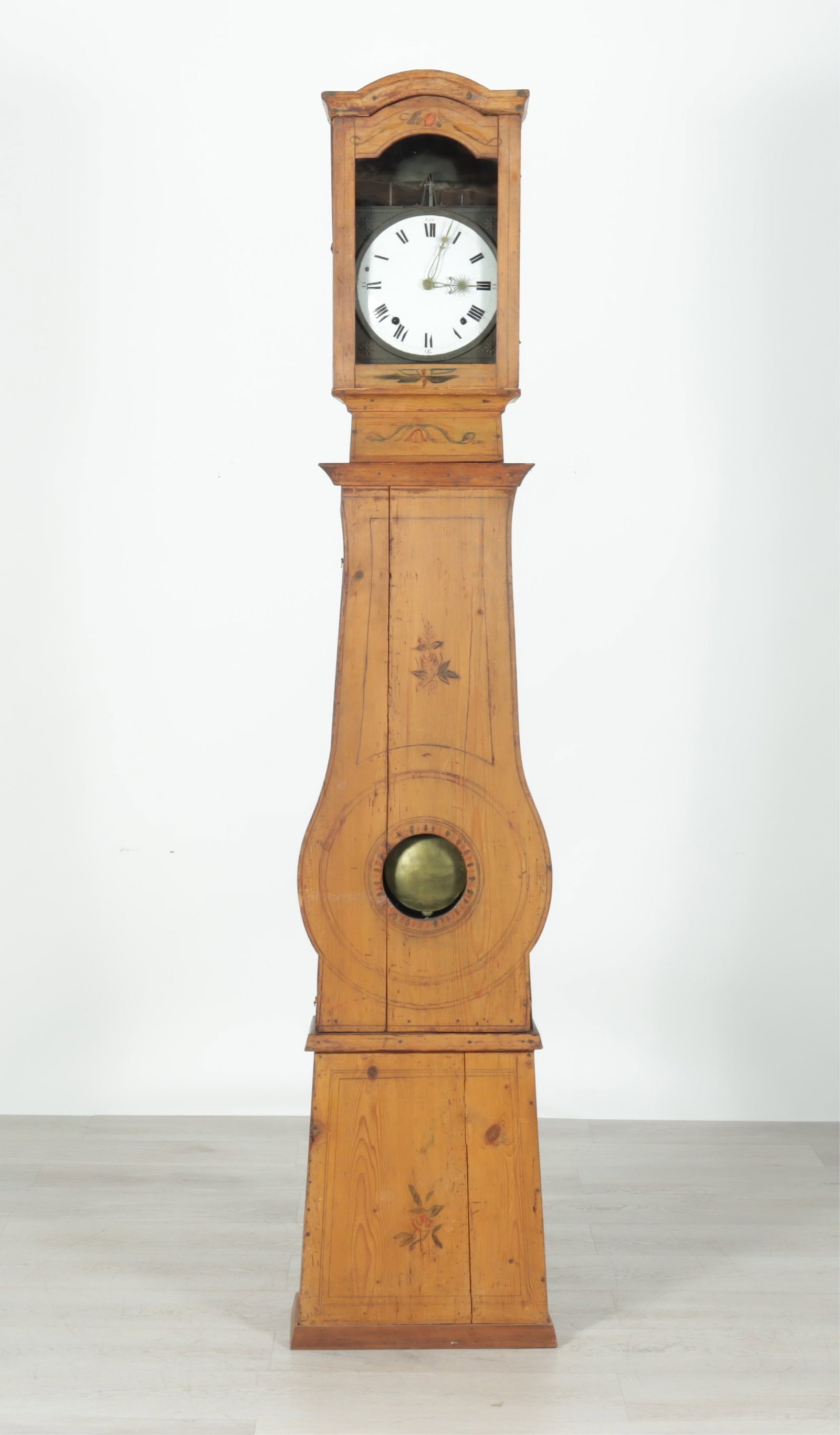 French Provincial Pine Tall Case Clock, 19th: French Provincial Stained Pine Tall Case Clock, 19th C., enameled dial 87.25" H x 17.5" W x 8" D