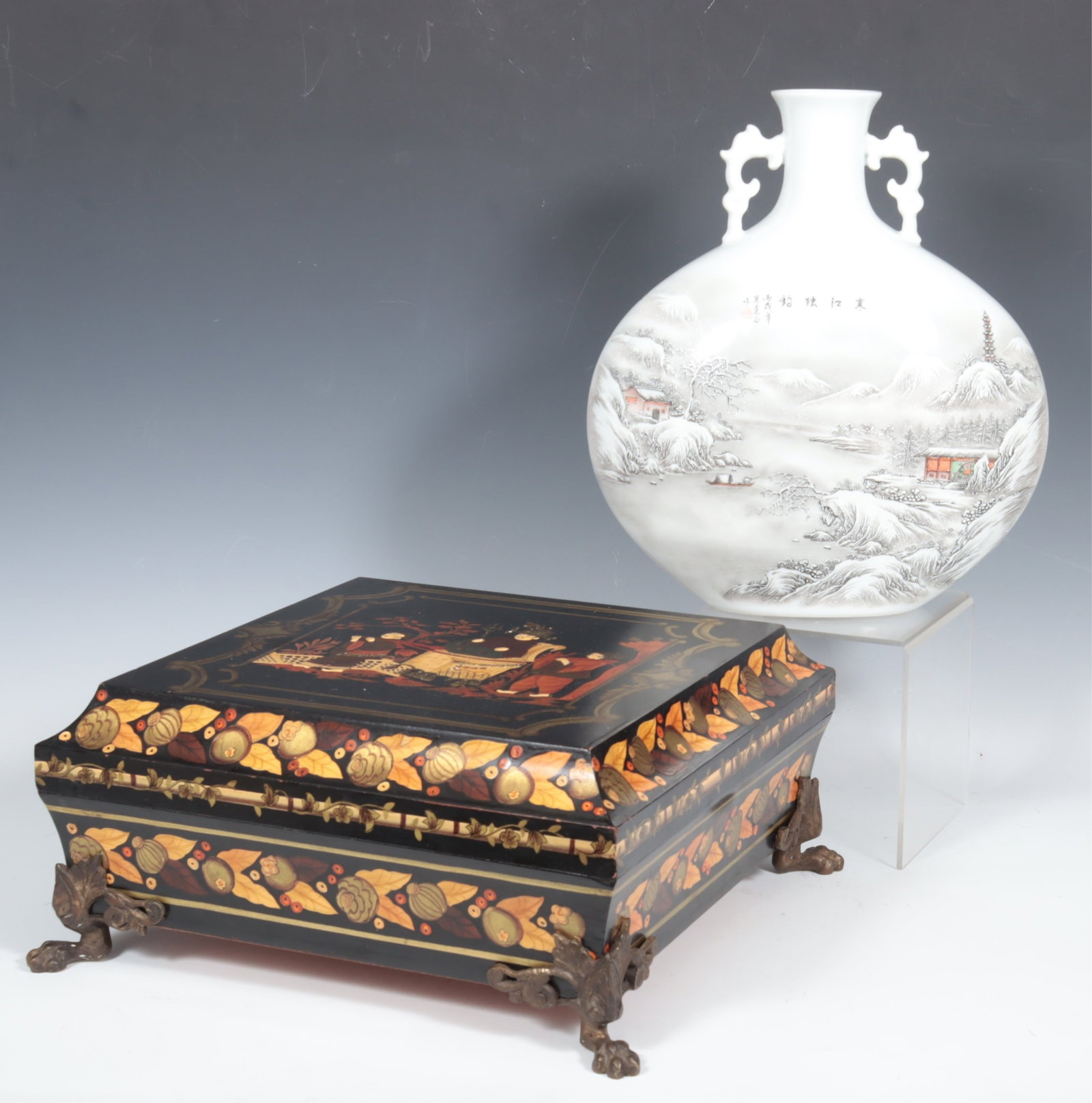 Jingdezhen Style Porcelain Vase and Box: Jingdezhen style porcelain vase painted with various winter fishing scenes, 20th century, together with gilded and lacquered box. 13.5" H
