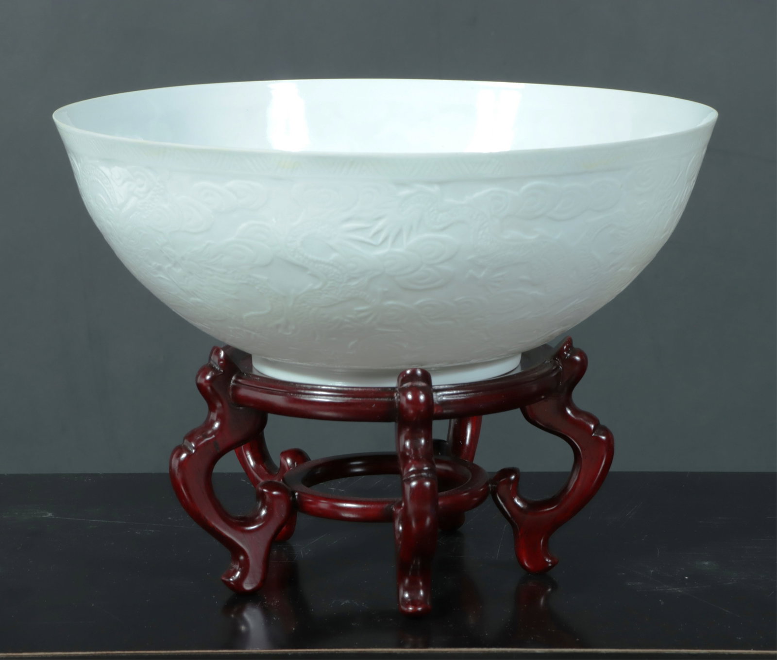 Jingdezhen Blanc de Chine Porcelain Bowl: Jingdezhen Blanc de Chine Porcelain Bowl, modern with stand, in original boxes 3.5" H x 9.75" Dia.