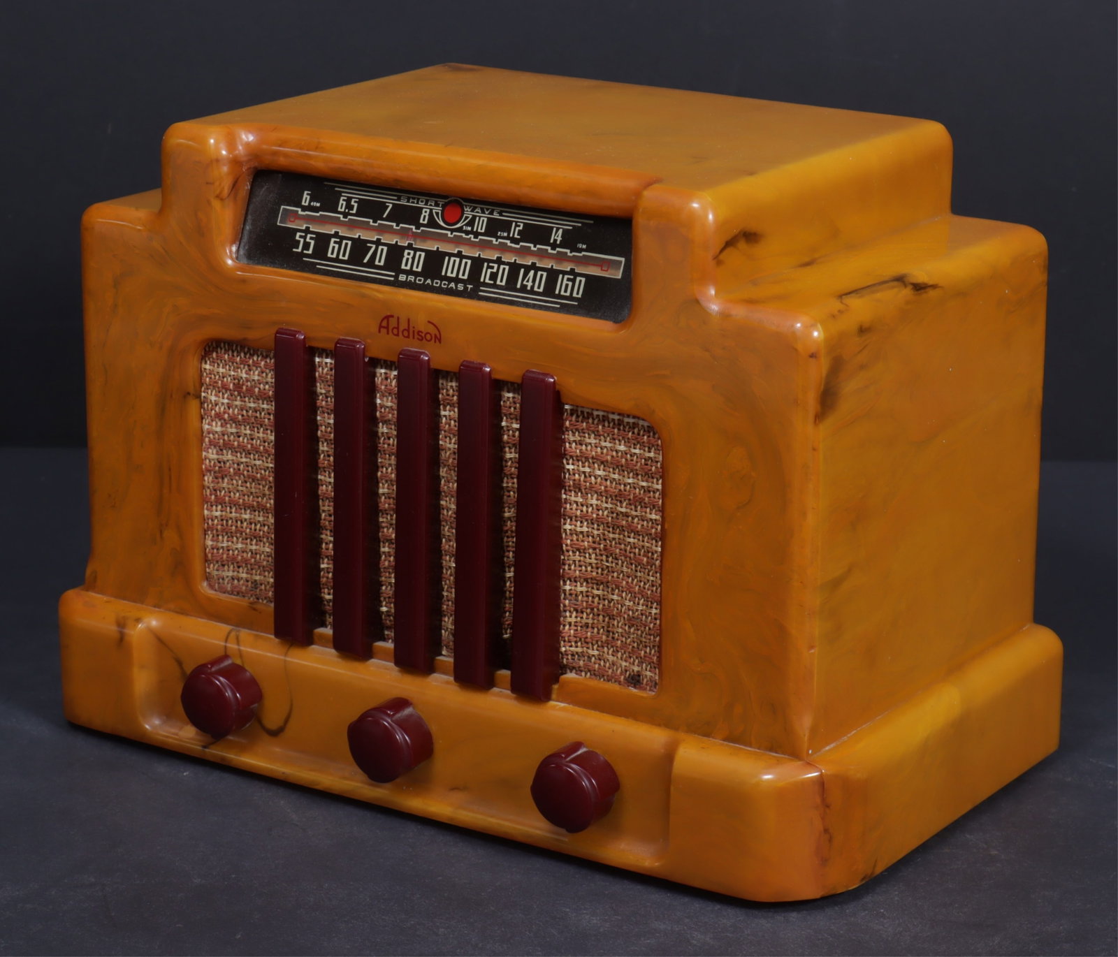 Addison Model 5A Courthouse Catalin Radio: Addison Model 5A Courthouse Catalin Radio. Circa 1945 Serial # 67135. Partial CESA label. 12.5" L x 6.5" D x 9" H