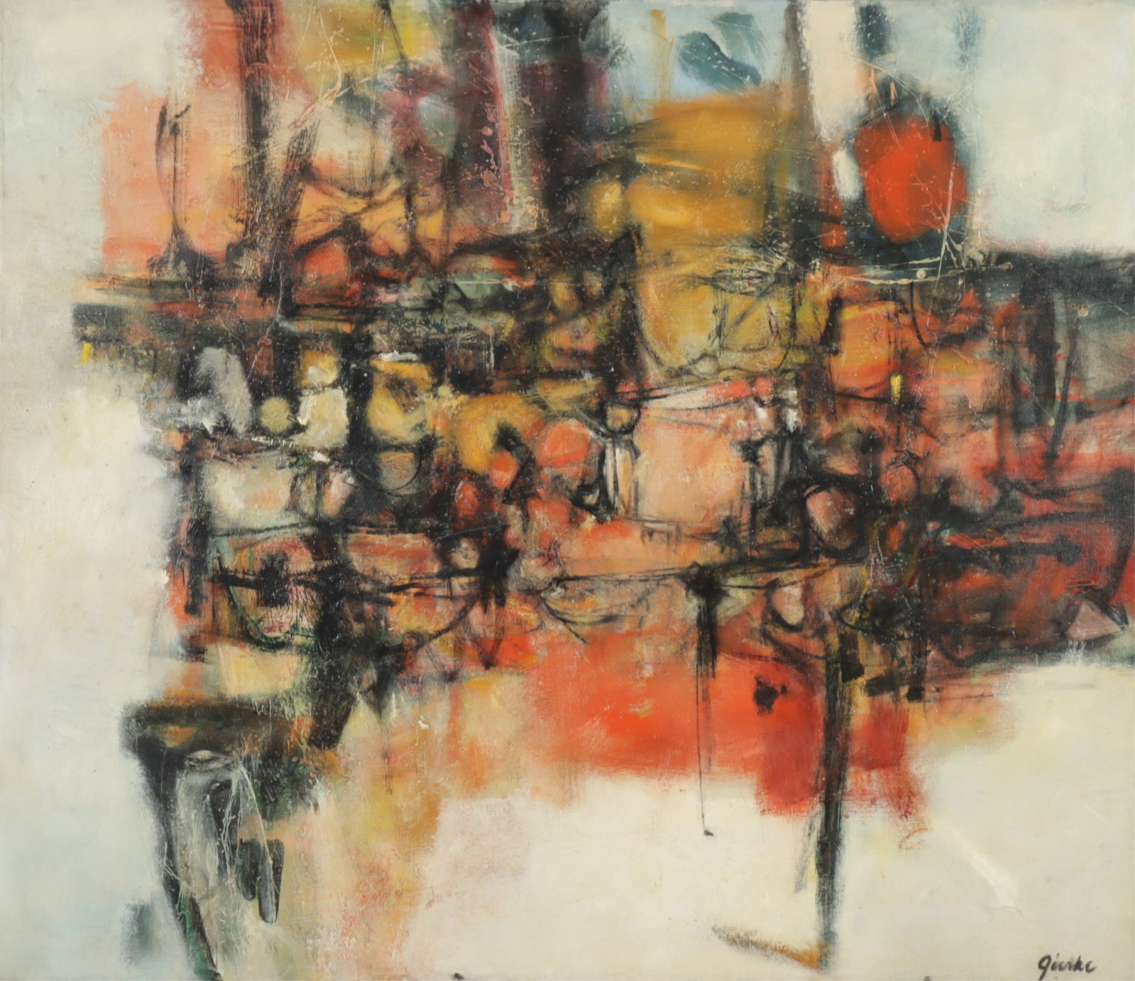 Sandra Gierke - Abstract O/C: Sandra Gierke (American, 20th C) Abstract, oil on canvas, signed lower right, circa 1951. Stretcher initialed SG and dated 1951. 48 x 56 Framed 49.25 x 59.25"
