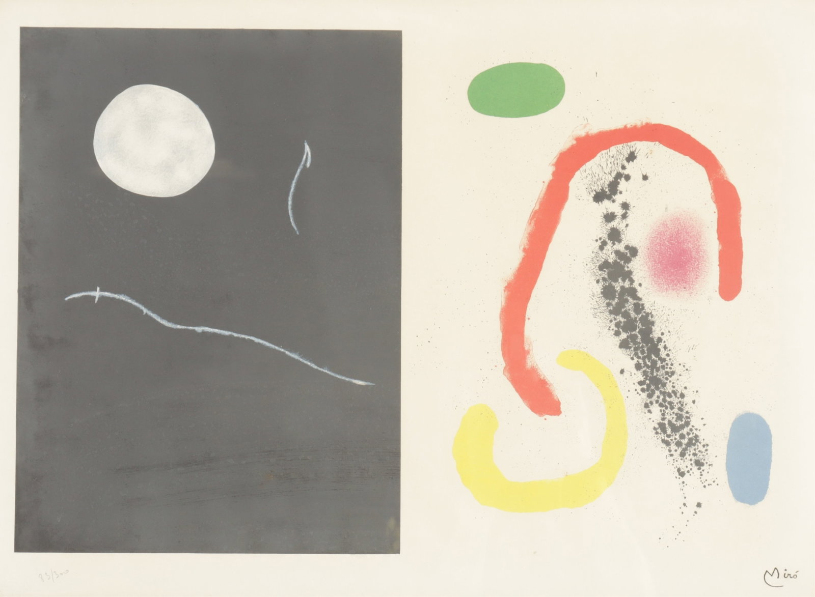Joan Miro - "Noir et Blanc" Litho: Joan Miro (Spanish, 1893-1983) color lithograph of "Noir et blanc", published by the Galerie Maeght, Paris, 1961, bearing their blind stamp and numbered 83 of 300 in graphite lower left. Signed in