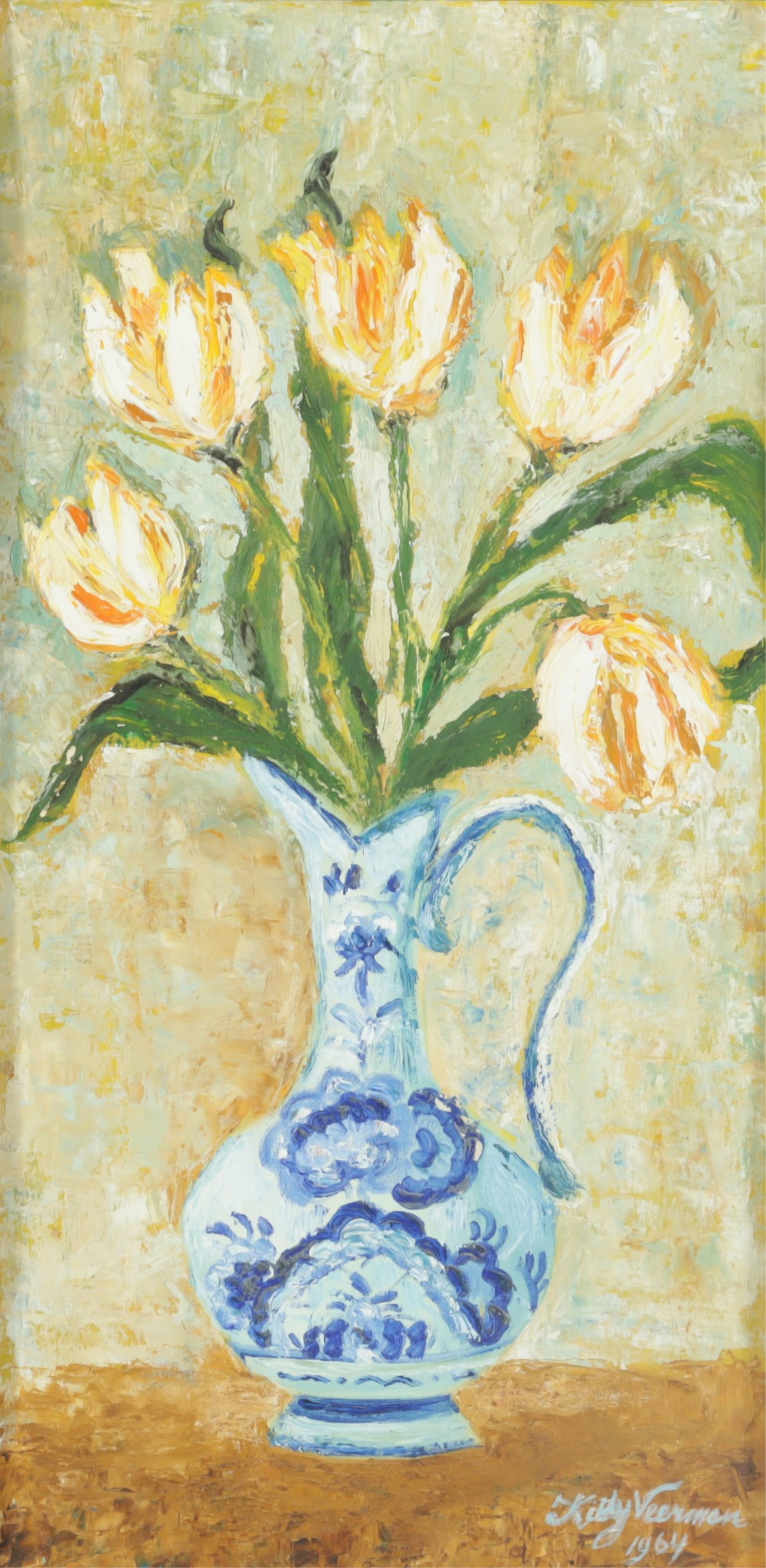 Kitty Veerman - Yellow Tulips - O/B: Kitty Veerman, Dutch, 20th C., Yellow Tulips in Pitcher, oil on board, signed and dated lower right 30 x 15; framed 32.5 x 17 .5