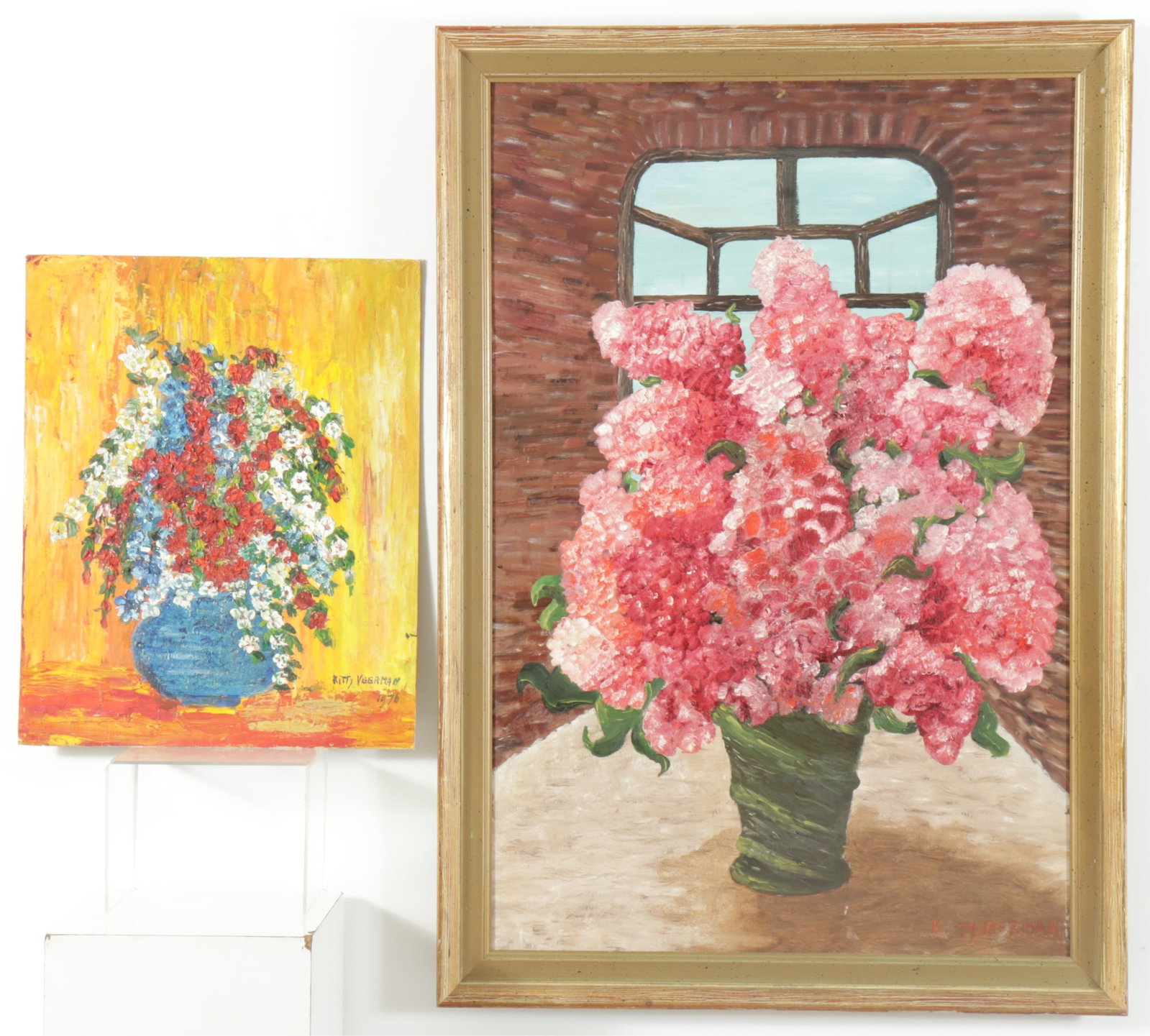 Kitty Veerman - 2 Floral Paintings - O/B: Kitty Veerman, Dutch, 20th C., 2 Floral paintings, includes Pink Hydrangea along with Blue vase with red, white and blue flowers, oil on board, both signed and dated lower right Hydrangea framed 39 x 