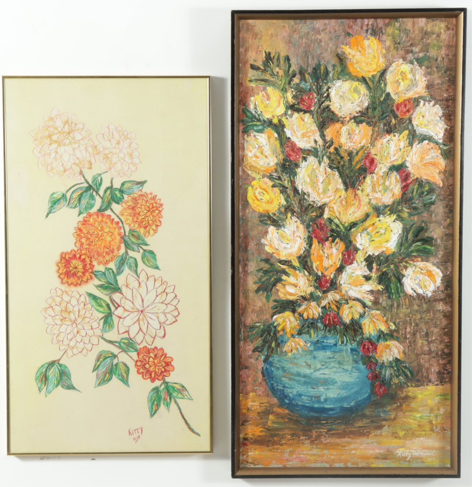 Kitty Veerman - Dahlias & Floral - mixed media: Kitty Veerman, Dutch, 20th C., 2 Floral Works; Dahlias, paint on fabric, signed lower right along with Floral Still Life, oil on canvas, signed lower right Dahlias 35 x 19; Floral Still Life 43 x 21.5