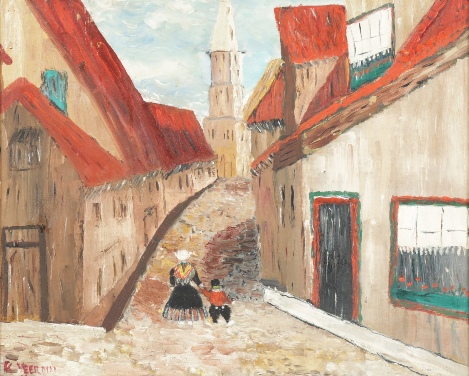 Kitty Veerman - Village Stroll - O/B: Kitty Veerman, Dutch, 20th C., Village Stroll, oil on board, signed and dated lower left Sight 15.5 x 19.5, Framed 20.5 x 24.5