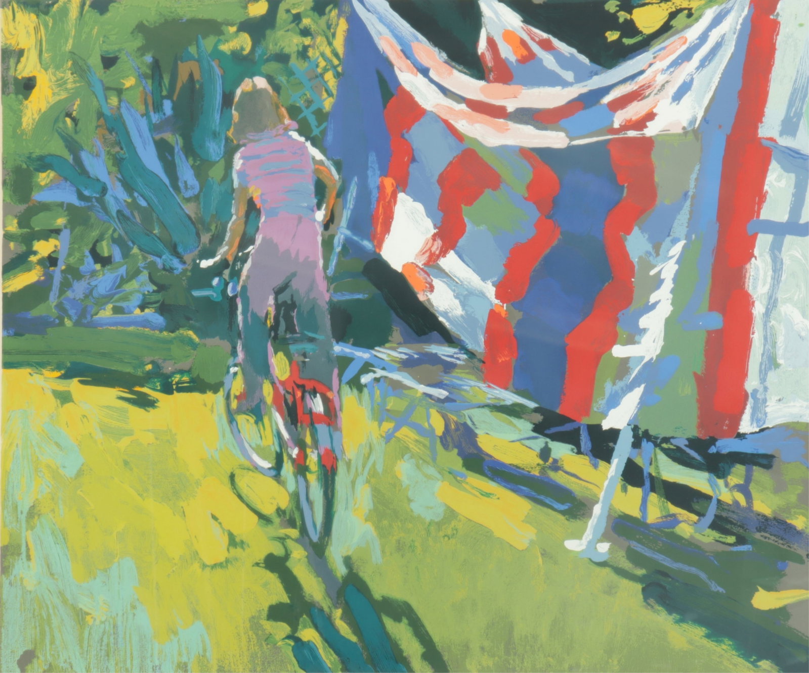 Nicola Simbari - Girl on Bicycle - Serigraph: Nicola Simbari, Italian, 1927-2012, Girl on Bicycle, serigraph Image 27 H x 32 W , framed 37 H x 41.5 W