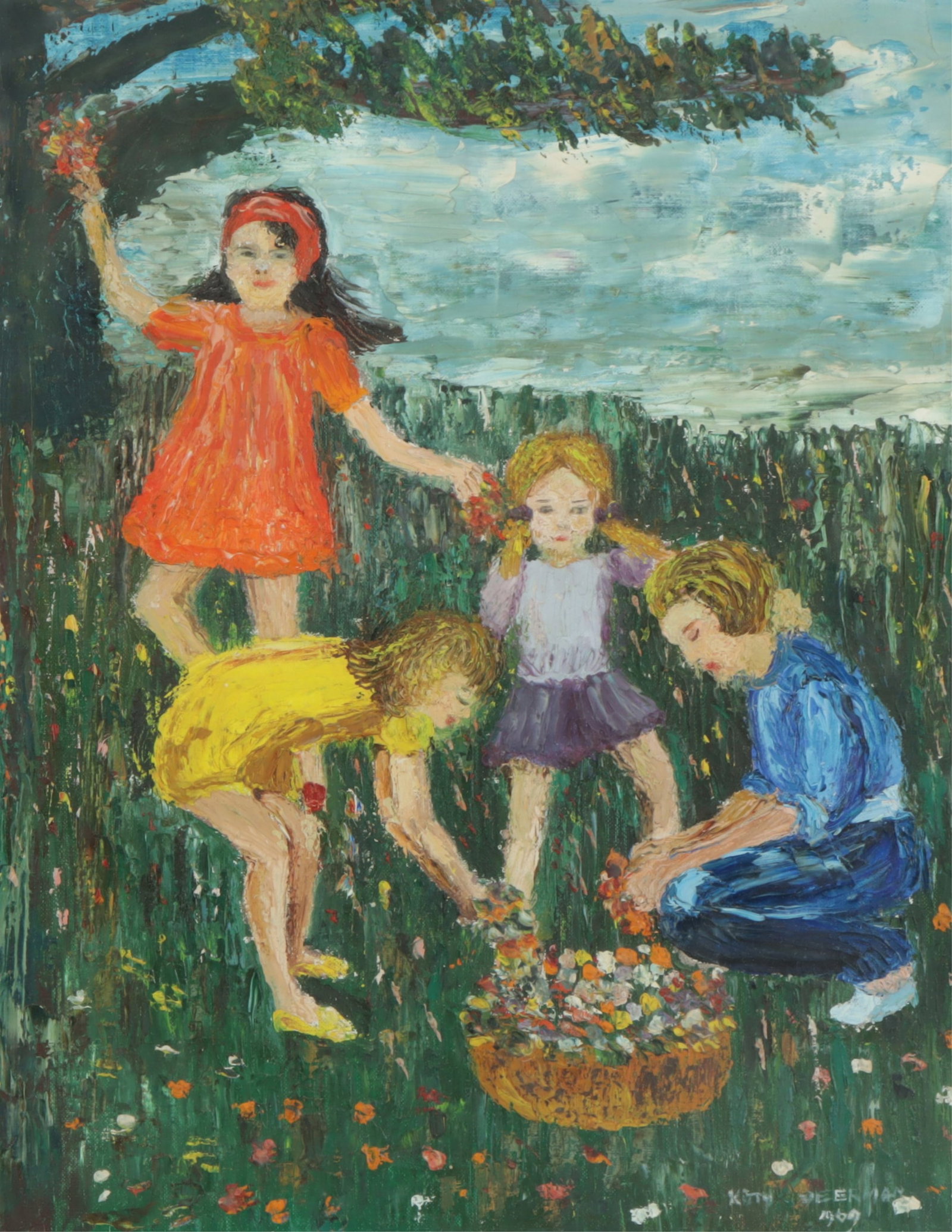 Kitty Veerman - Gathering Flowers - Oil: Kitty Veerman, Dutch, 20th C., Gathering Flowers with Children, oil on likely canvas board (not examined out of frame), signed and dated lower right sight 19 x 14.5, framed 24.5 x 20
