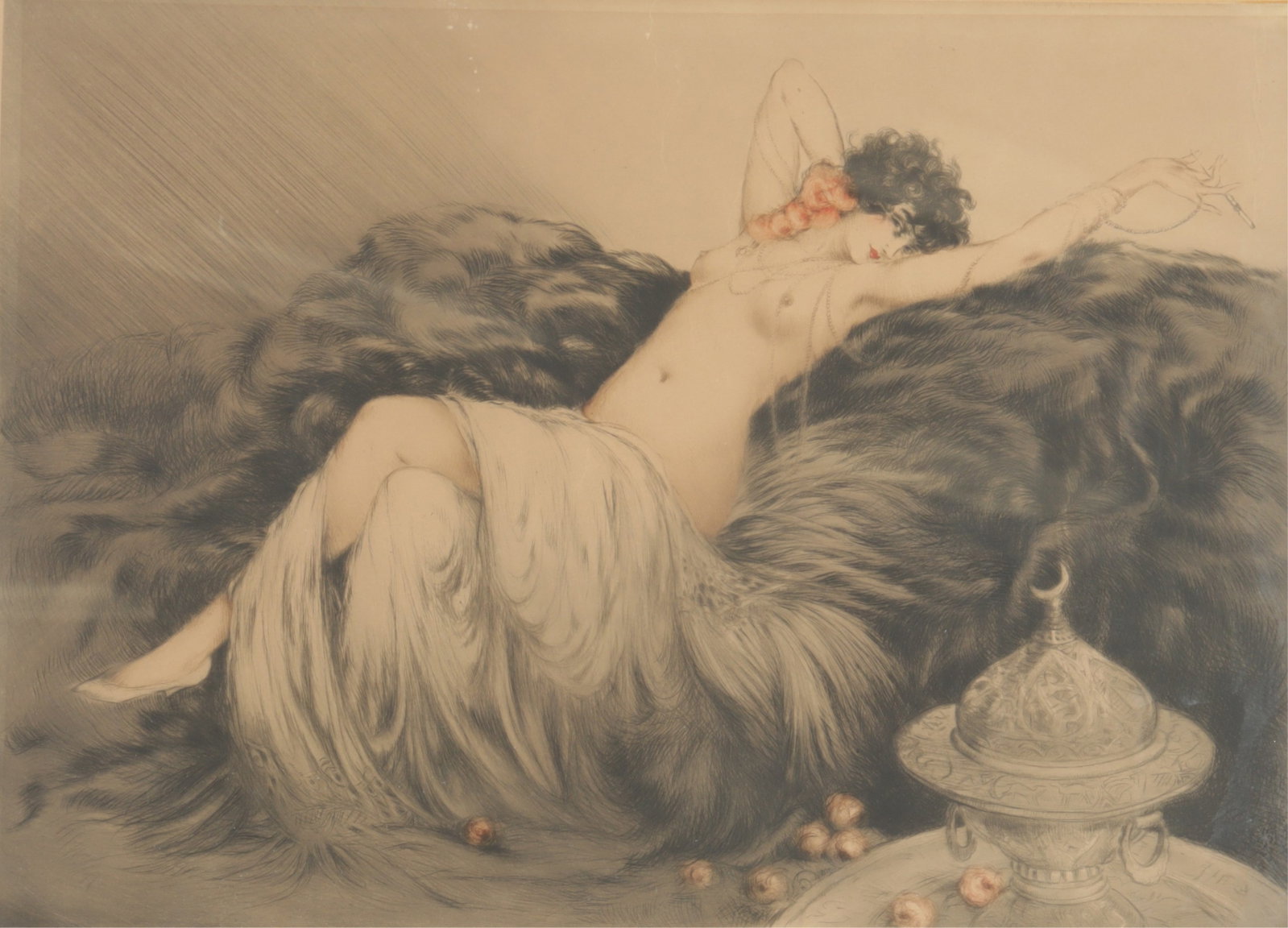 Louis Icart - 'Smoke' Nude: Louis Icart (French, 1888-1950) print titled 'Smoke', signed in graphite lower right, blindstamp with graphite inscription "B/418" lower left. Sight 14.5 x 19.5 Framed 21 x 26"