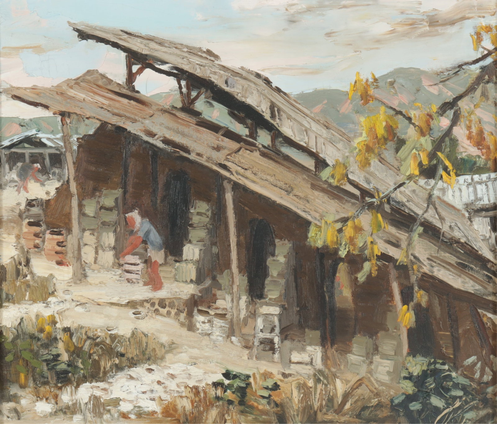 Mizuno Tokuitsu - Climbing Kiln - O/C: Mizuno Tokuitsu, Japanese, 20th C., Climbing Kiln, (1959), oil on canvas. Note: Japanese Artist Mizuno Tokuitsu won awards at the Tokyo Shinko Fine Arts Exhibition, and has received awards from the