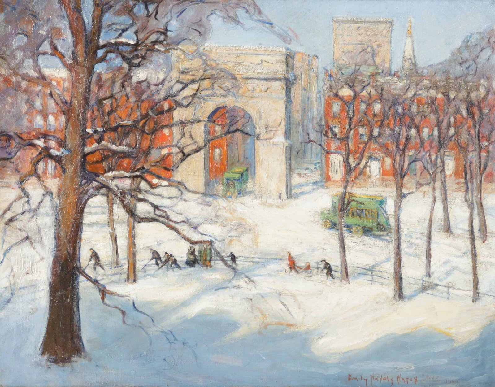 Emily Nichols Hatch - Washington Square O/C: Emily Nichols Hatch (American, 1871-1959) Washington Square, NYC in Winter, dated 1928. Signed lower right. Sight; 27.5" H x 35.5" WFrame; 37" H x 44" W