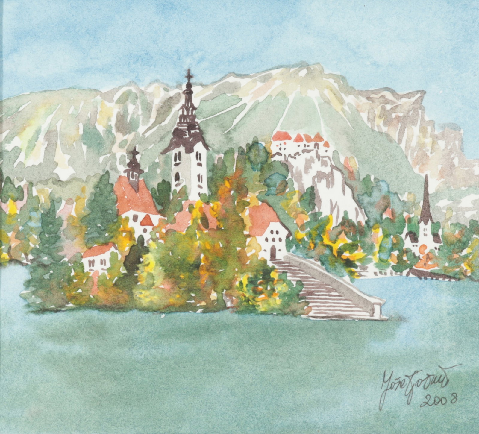 Unknown Artist - Lake Bled Croatia, Watercolor: Lake Bled Croatia, Watercolor, indistinctly signed lower right, dated 2008. Framed 9" H x 9.5" W