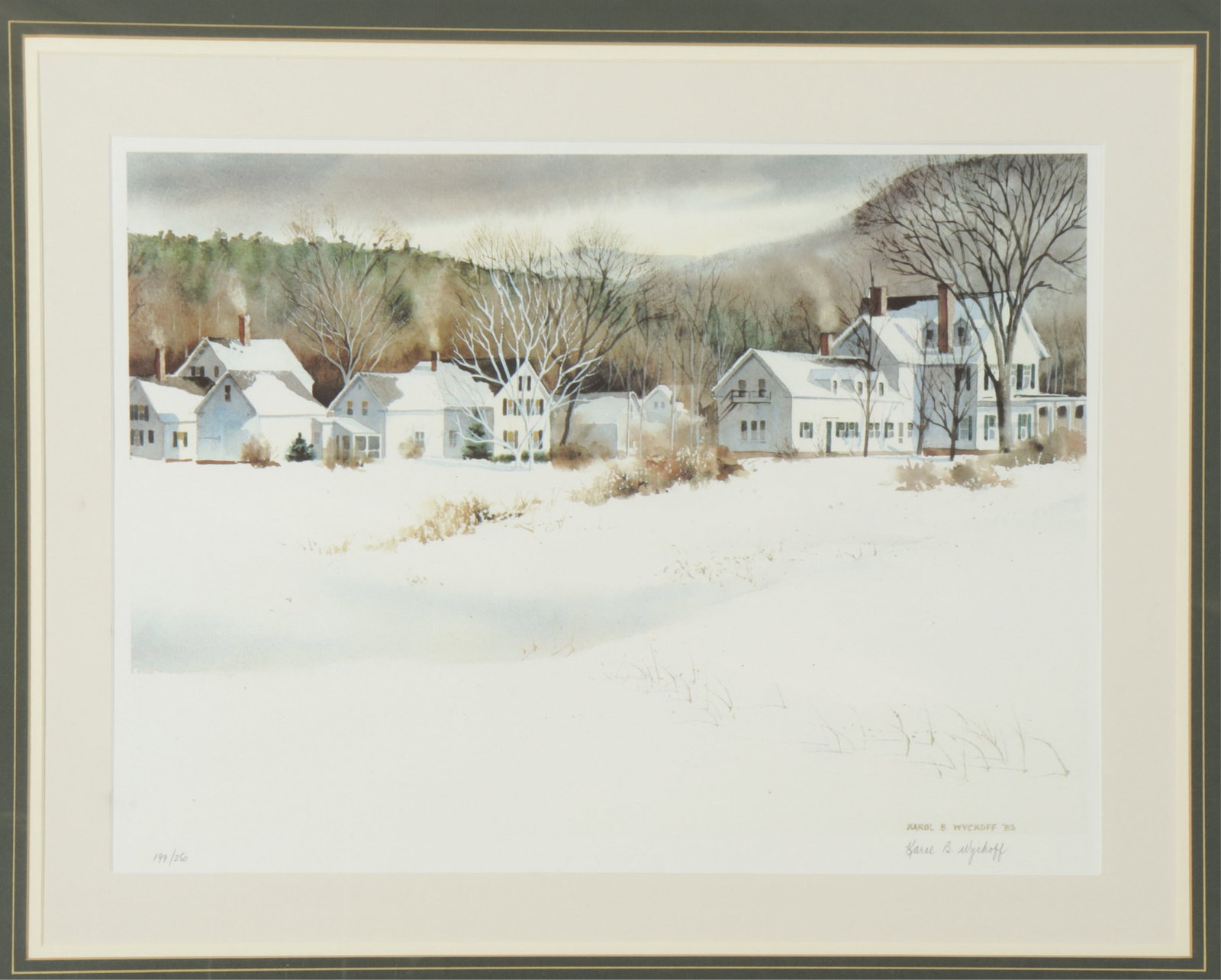 Karol B Wycoff - Vermont Village, Litho: Karol B Wycoff (MA, Cape Code, 1936-2026) Vermont Village, Lithograph, pencil signed and dated lower right, numbered 199 of 250. Framed 28.25" H x 32.25" W