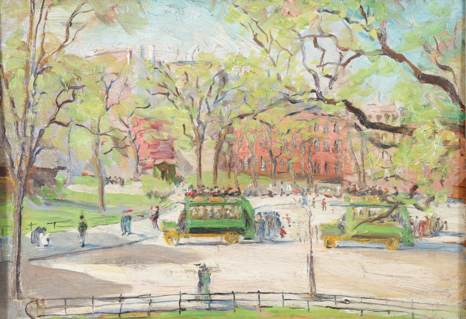 Emily Nichols Hatch - Washington Square O/B: Emily Nichols Hatch (American, 1871-1959) Washington Square NYC, Summer Scene. Dated 19x5. Oil on Board. Frame 13.5" H x 17.5"' W Sight 9.5" H x 13.5" W