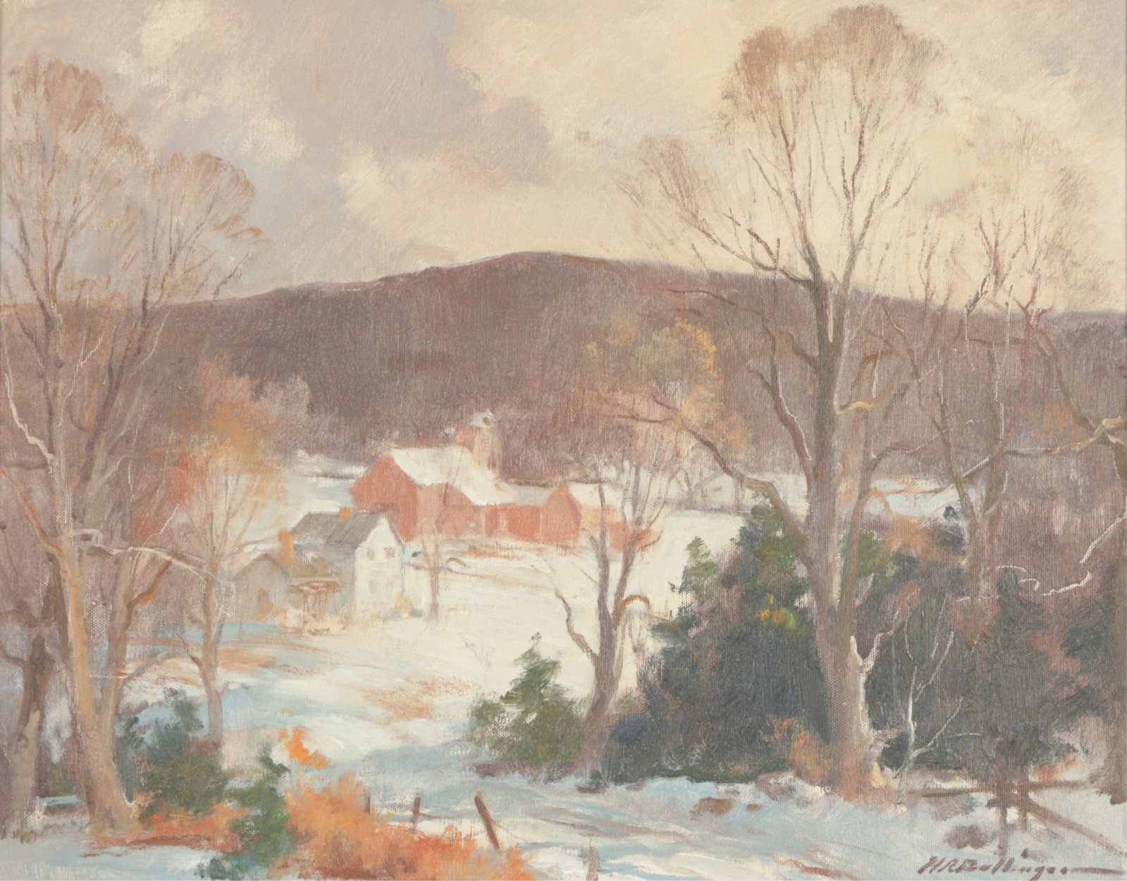 Henry Russell Ballinger - Winter Landscape O/C: Henry Russell Ballinger (American, WA, 1892-1993) Winter Scene with Barn, oil on canvas, signed lower right. Sight 15.5" H x 19.5" W, Framed 24.5" H x 28" W